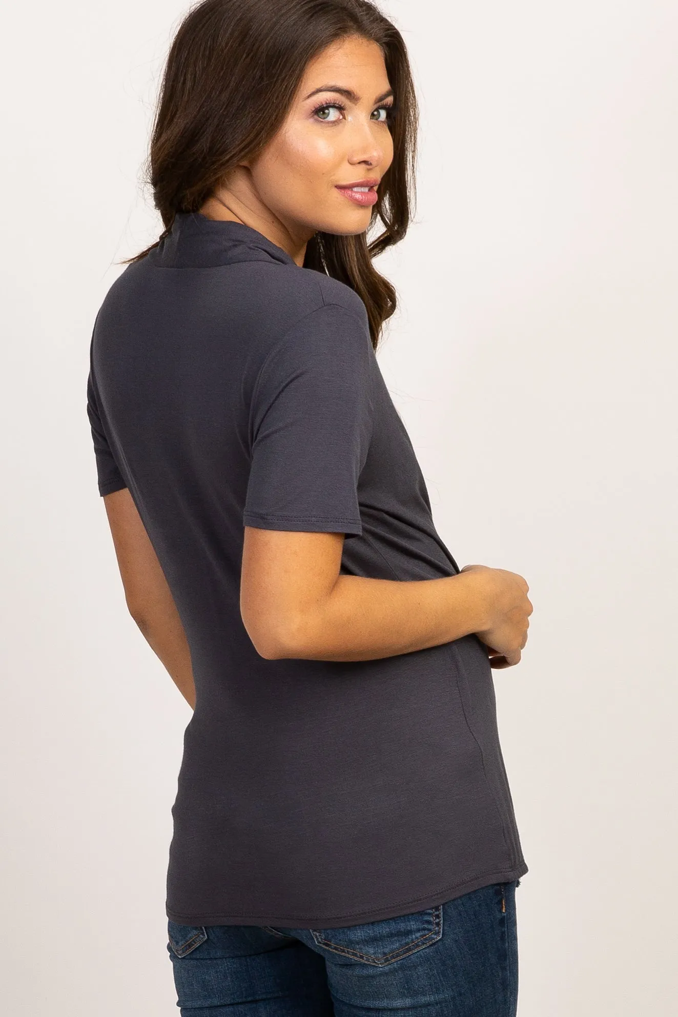 Charcoal Solid Short Sleeve Wrap Front Maternity/Nursing Top sold by Pinkblush product image thumbnail 3
