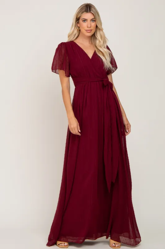Burgundy Swiss Dot Chiffon Maxi Dress sold by Pinkblush