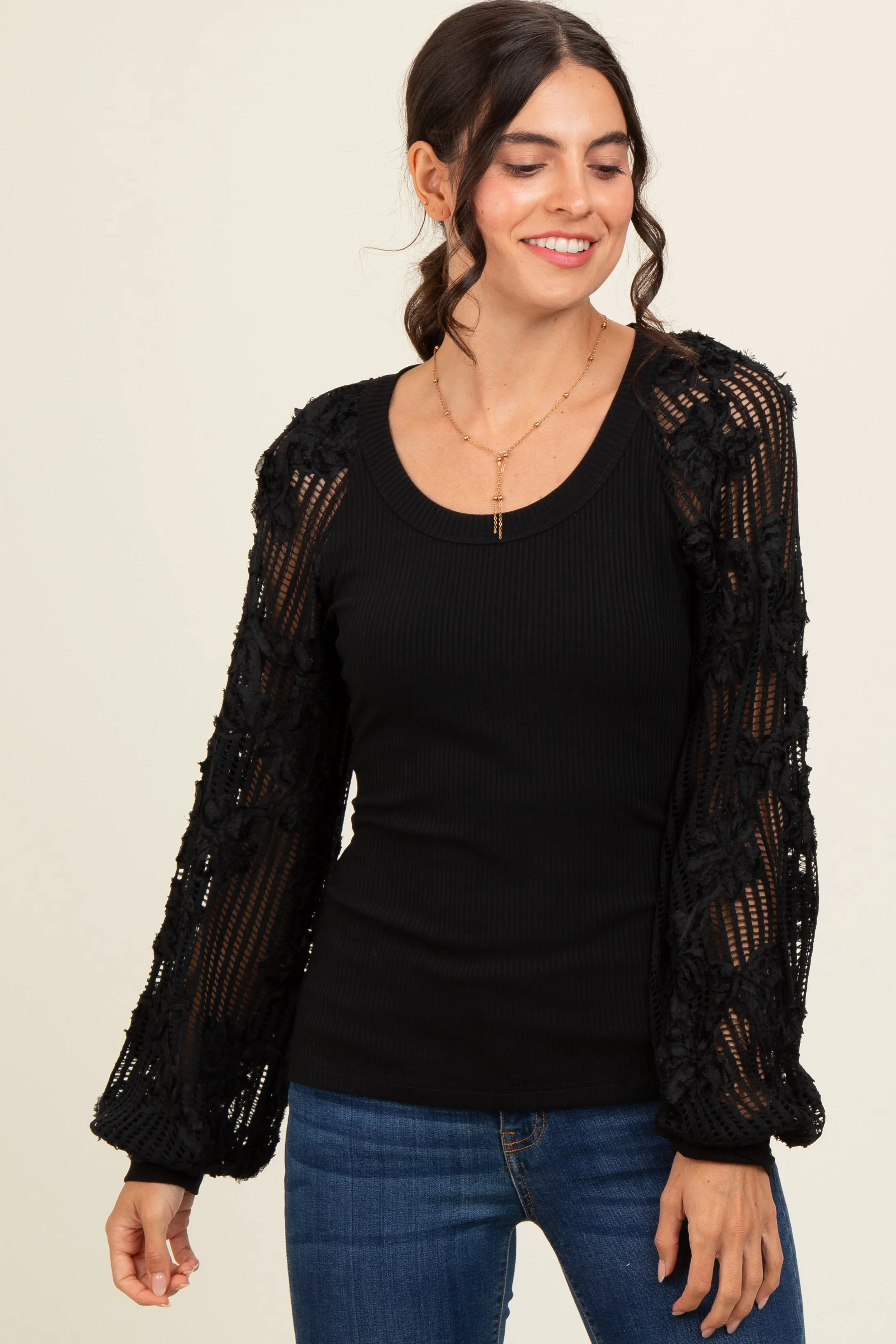 Black Floral Lace Balloon Sleeve Top sold by Pinkblush
