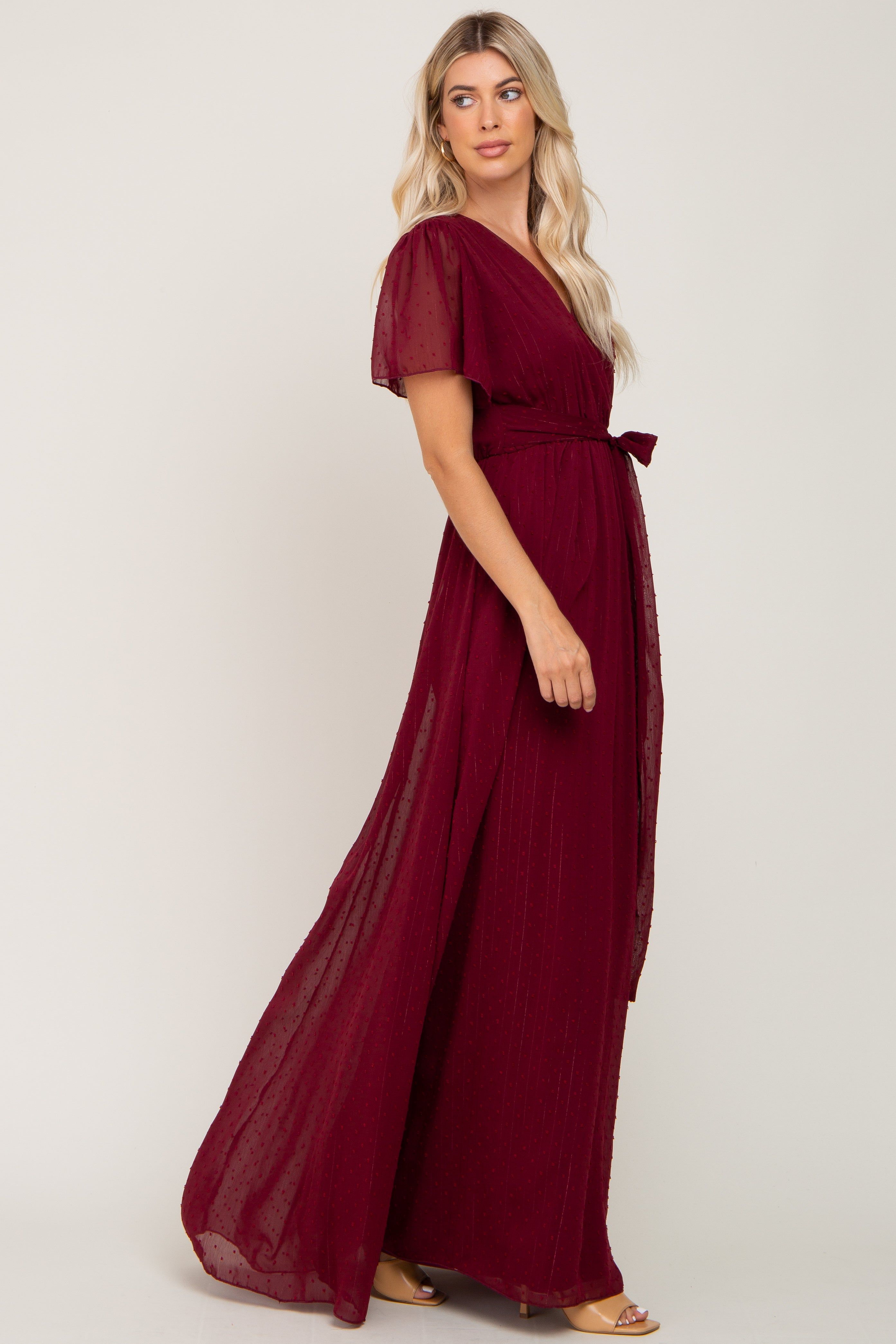 Burgundy Swiss Dot Chiffon Maxi Dress sold by Pinkblush product image thumbnail 2