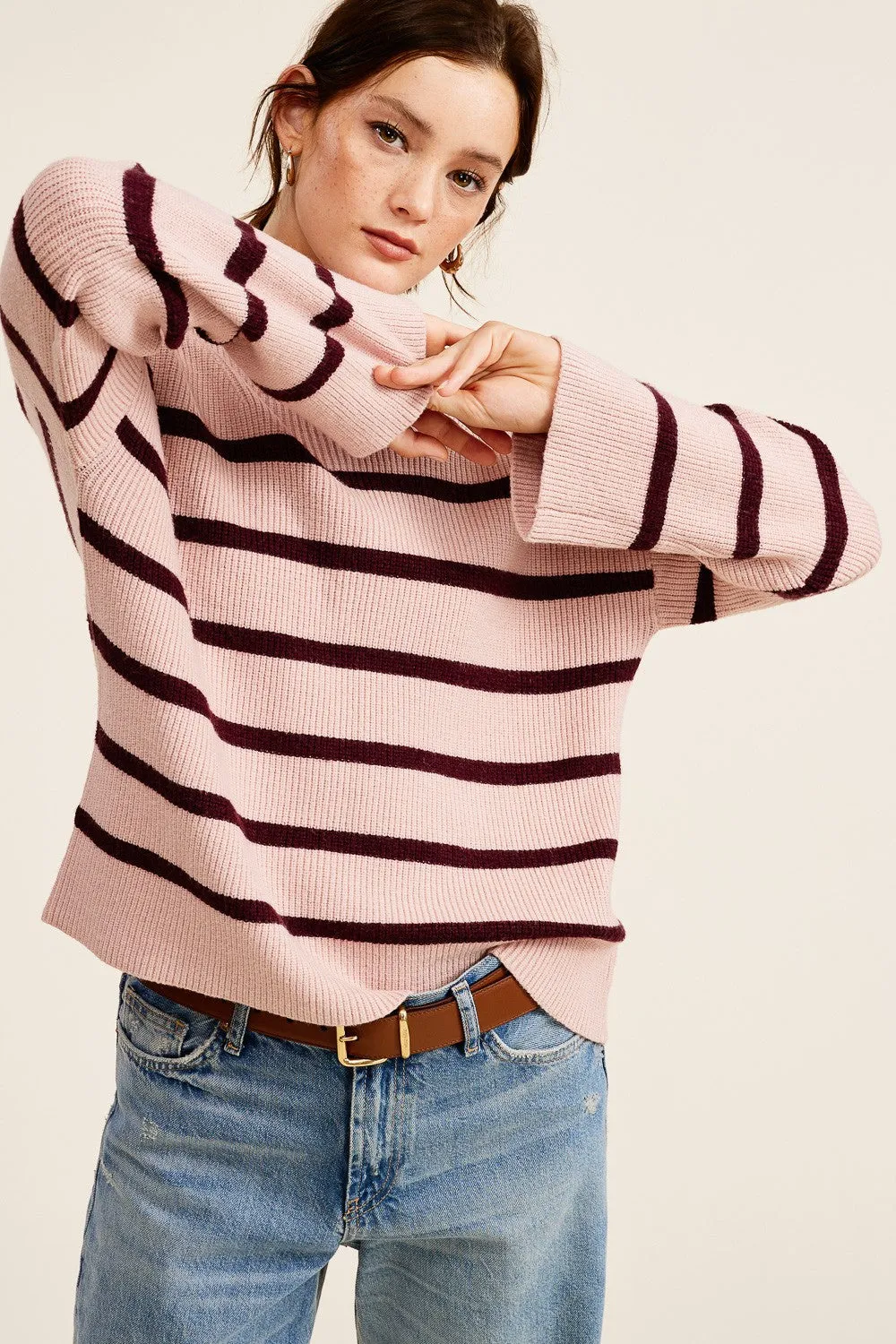 Light Pink Striped Mock Neck Sweater sold by Pinkblush