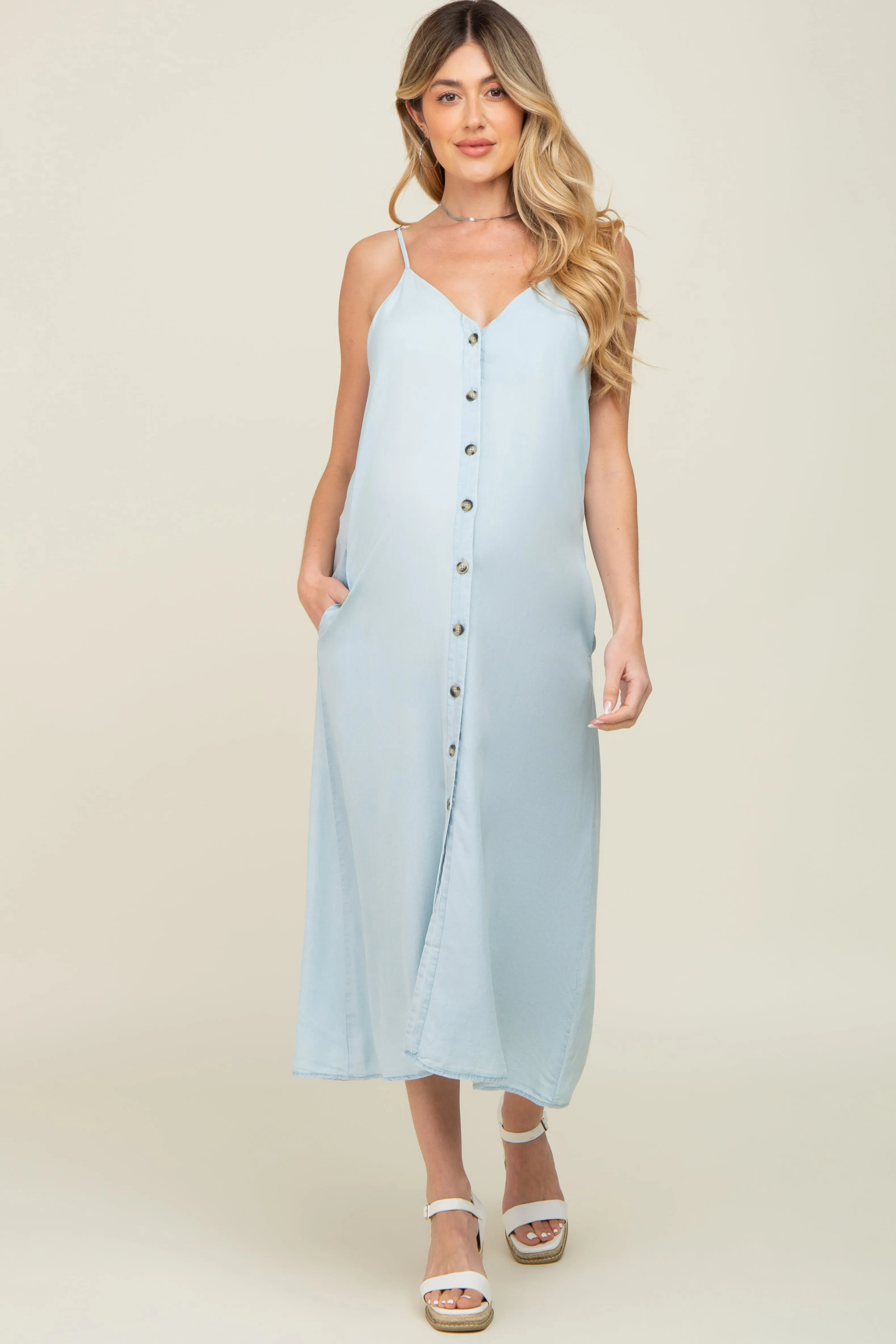 Light Blue Button Down Maternity Midi Tank Dress sold by Pinkblush product image thumbnail 4