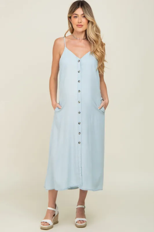 Light Blue Button Down Maternity Midi Tank Dress sold by Pinkblush