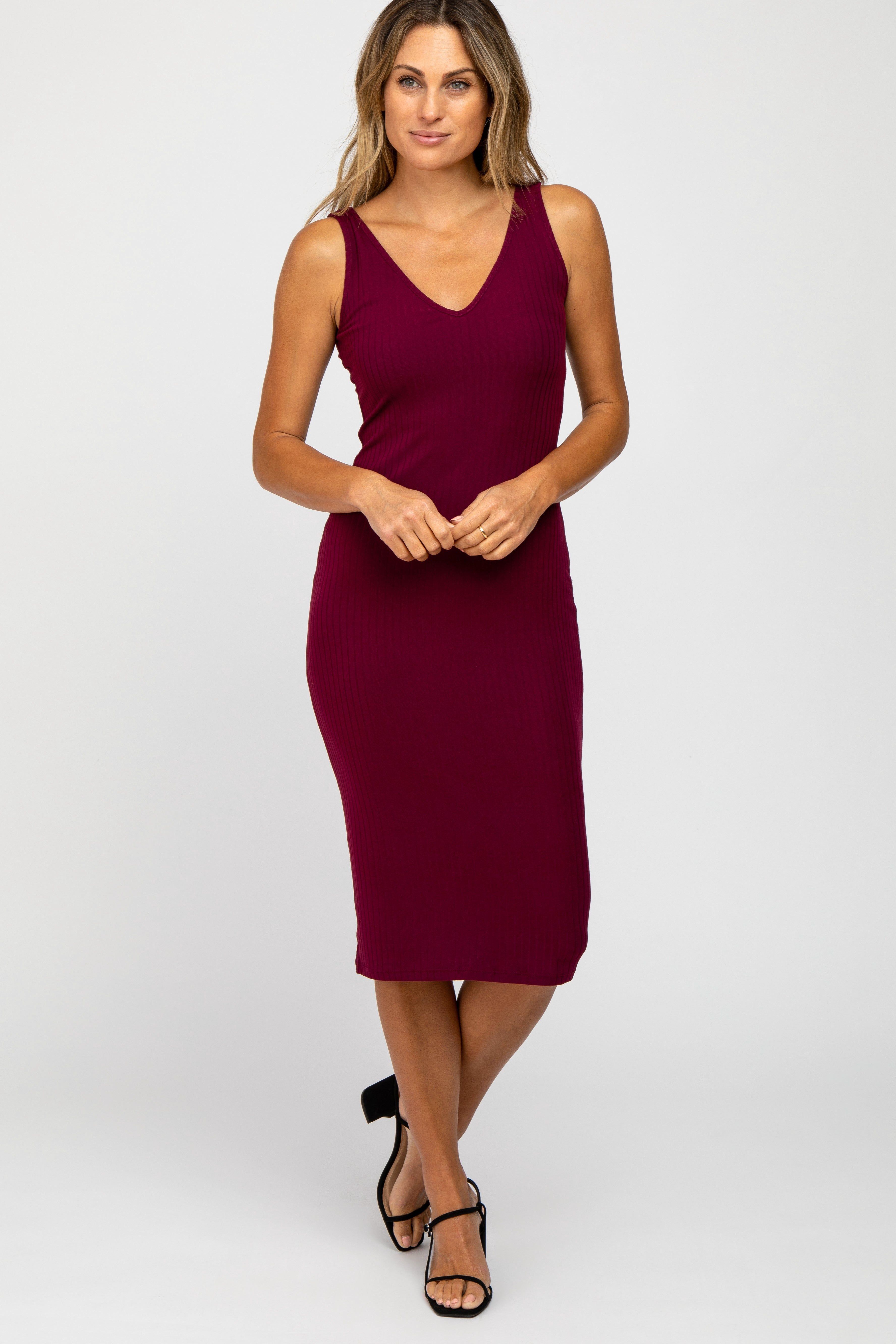 Burgundy Sleeveless Ribbed Knit Fitted Dress sold by Pinkblush