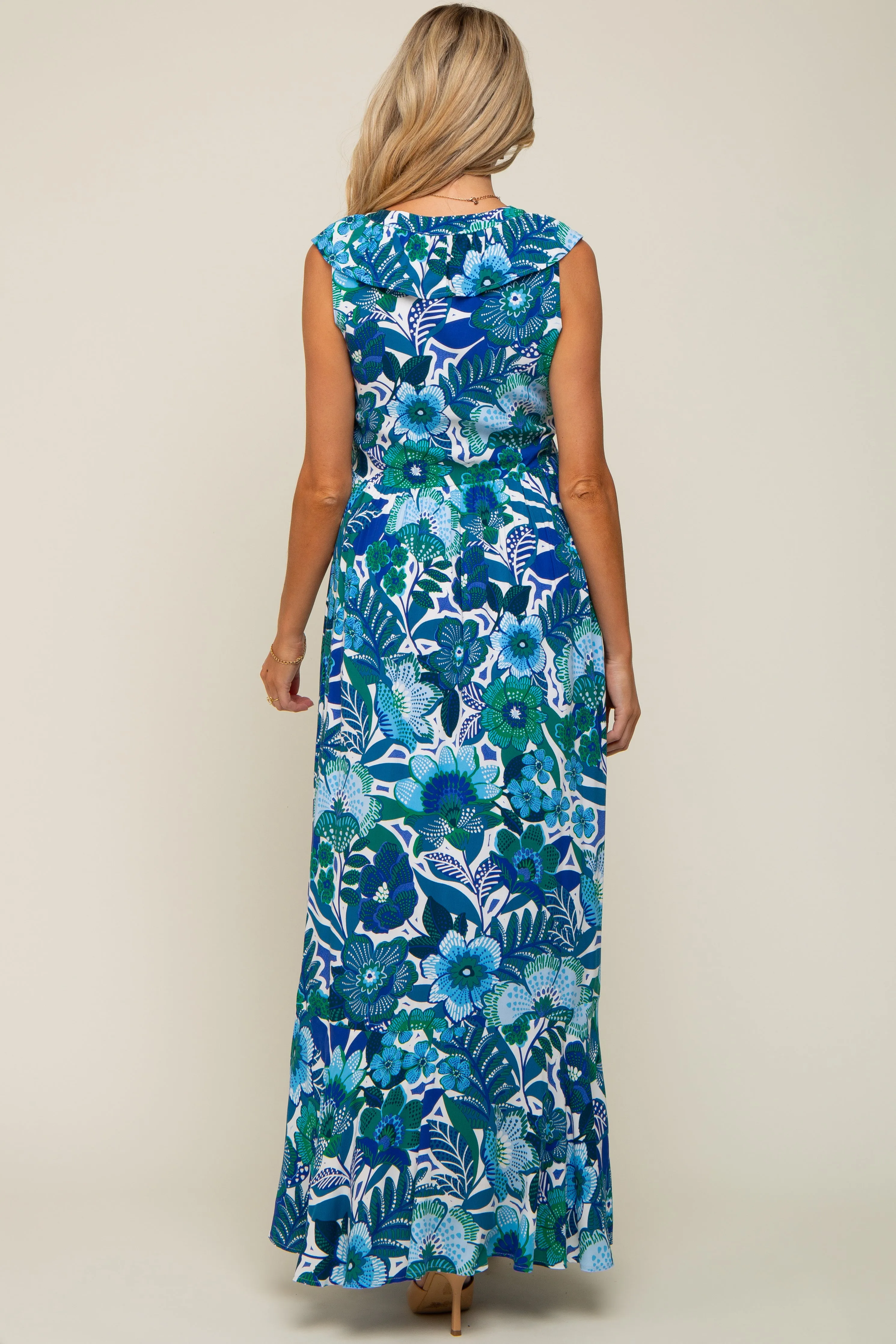 Blue Floral Ruffle Accent Sleeveless Maternity Maxi Dress sold by Pinkblush product image thumbnail 3
