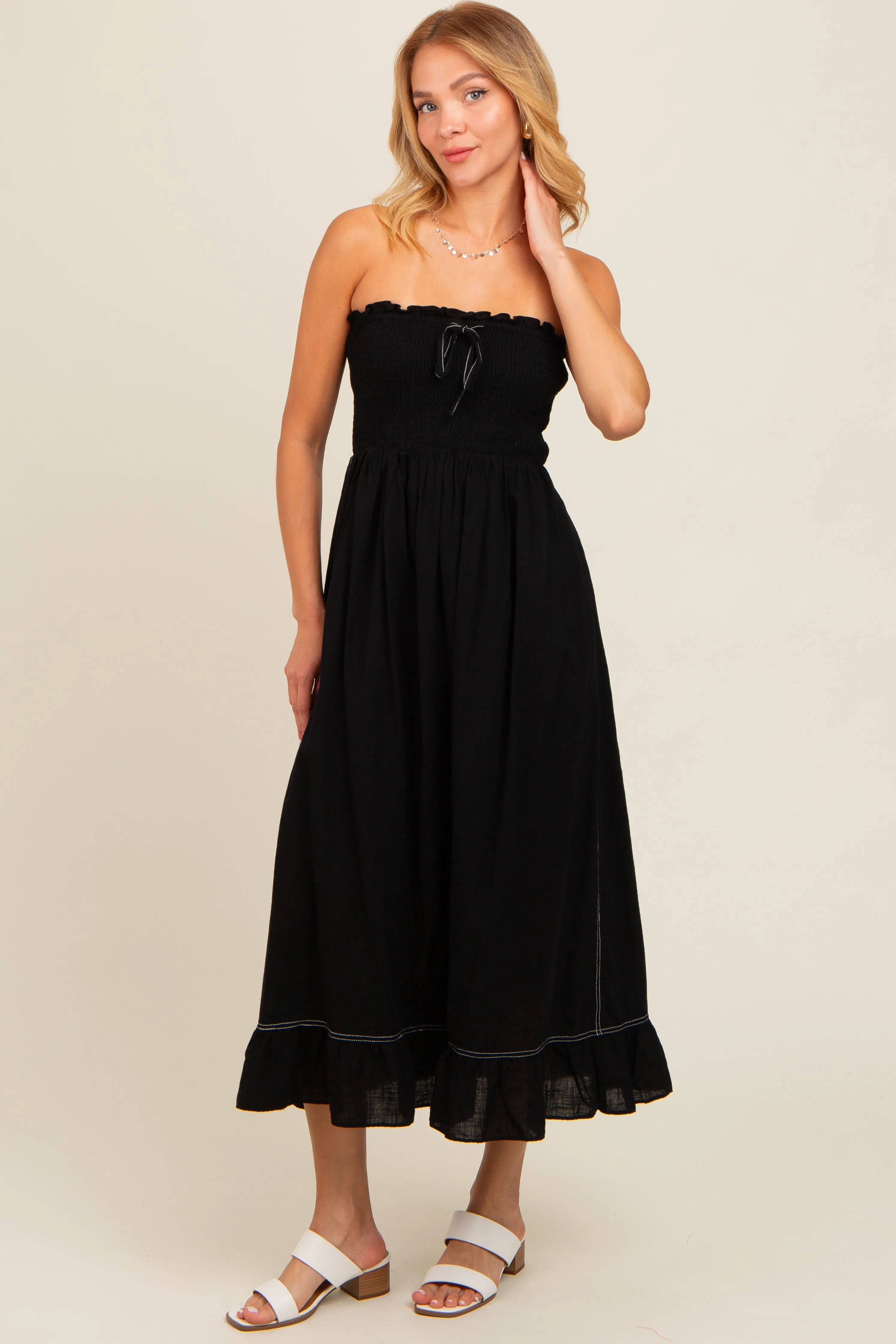 Black Smocked Strapless Midi Dress sold by Pinkblush product image thumbnail 2