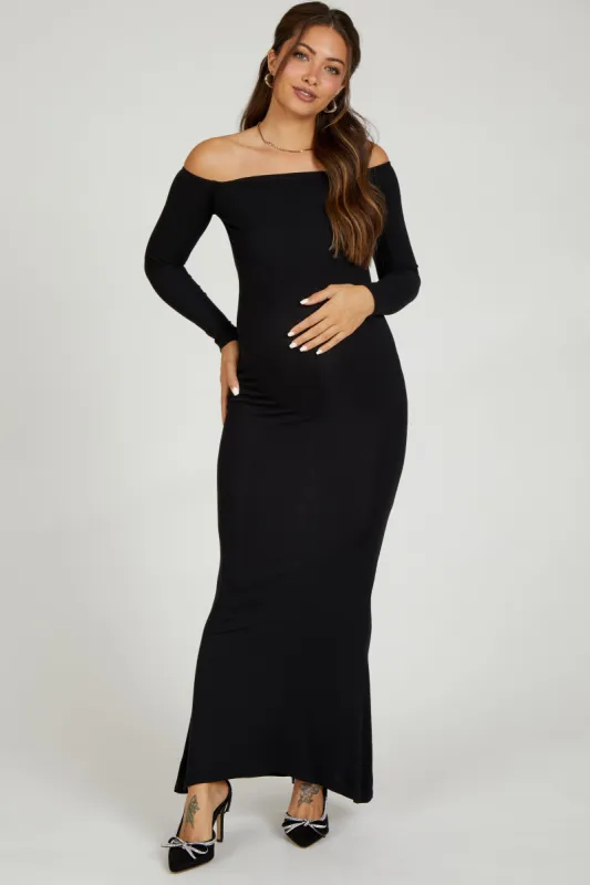 Black Ribbed Off Shoulder Long Sleeve Maternity Maxi Dress sold by Pinkblush