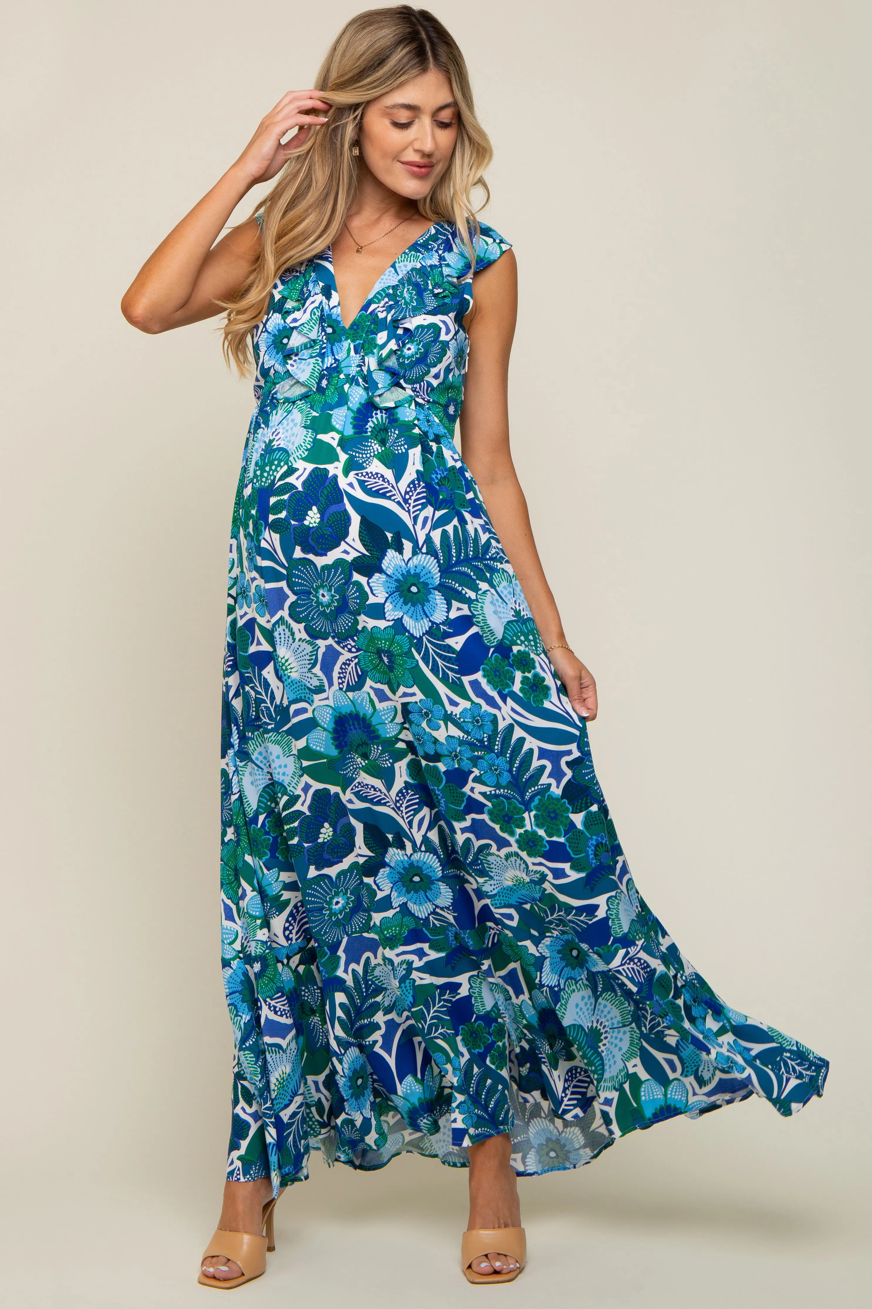 Blue Floral Ruffle Accent Sleeveless Maternity Maxi Dress sold by Pinkblush