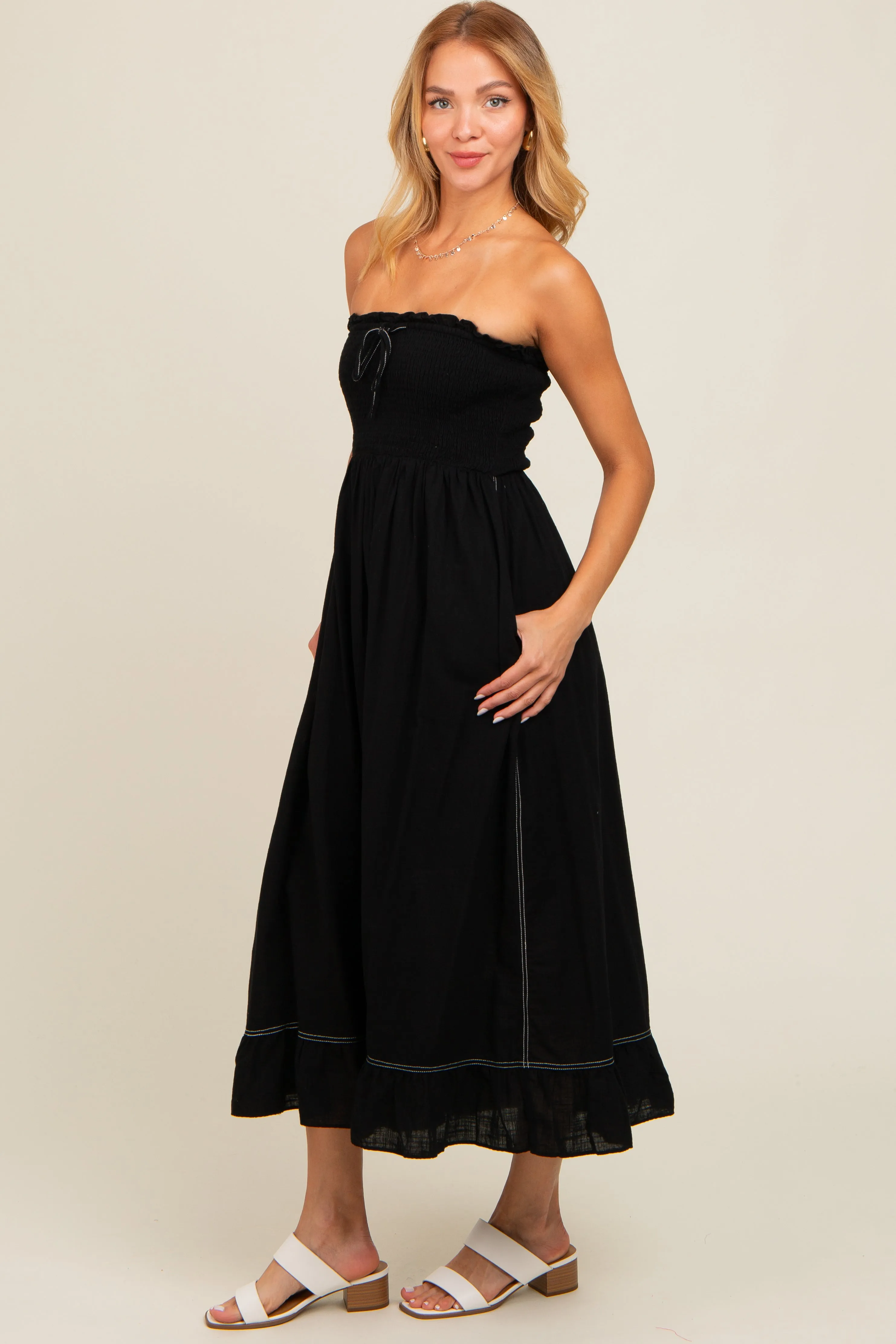 Black Smocked Strapless Midi Dress sold by Pinkblush product image thumbnail 3
