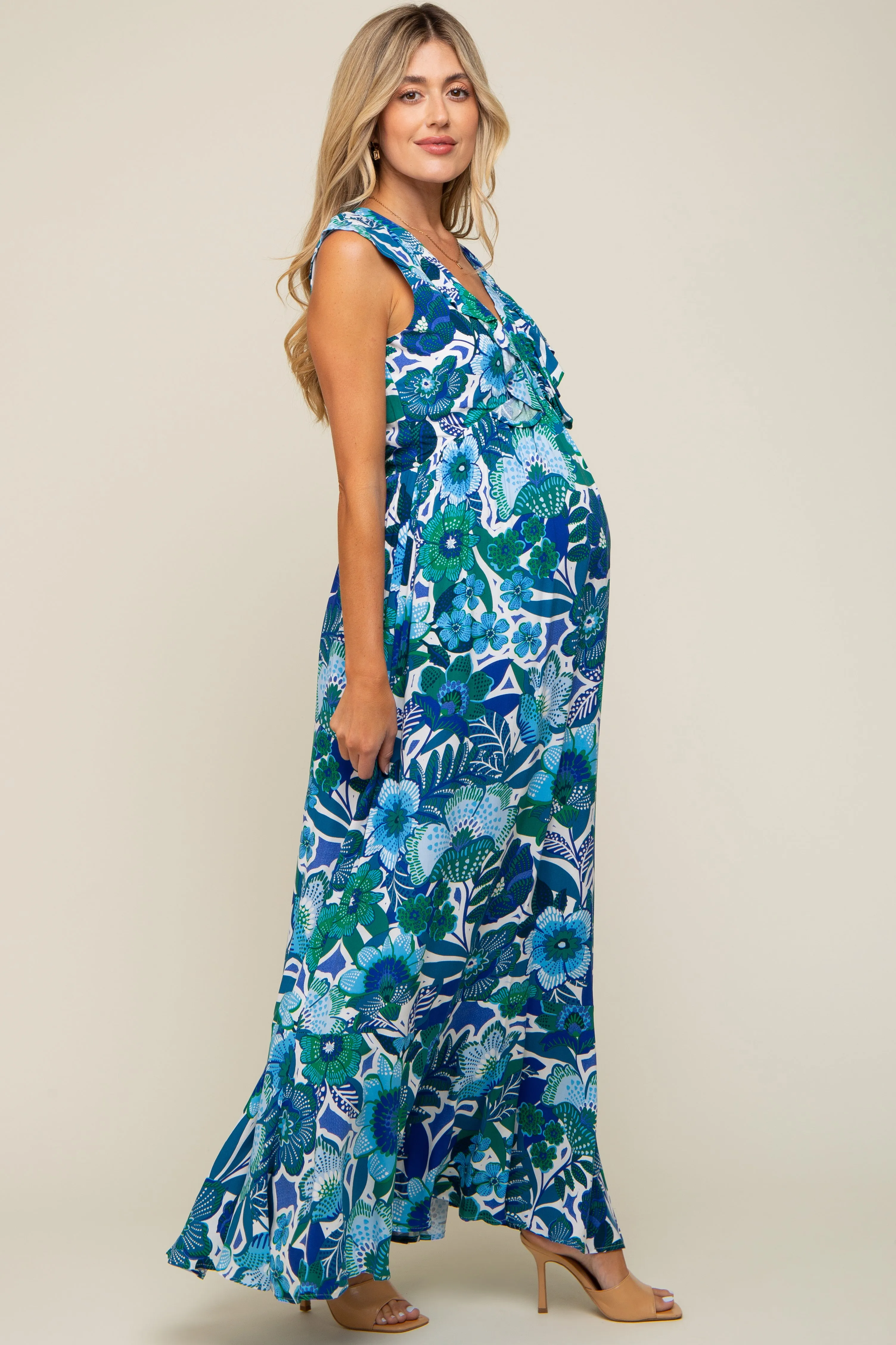 Blue Floral Ruffle Accent Sleeveless Maternity Maxi Dress sold by Pinkblush product image thumbnail 2
