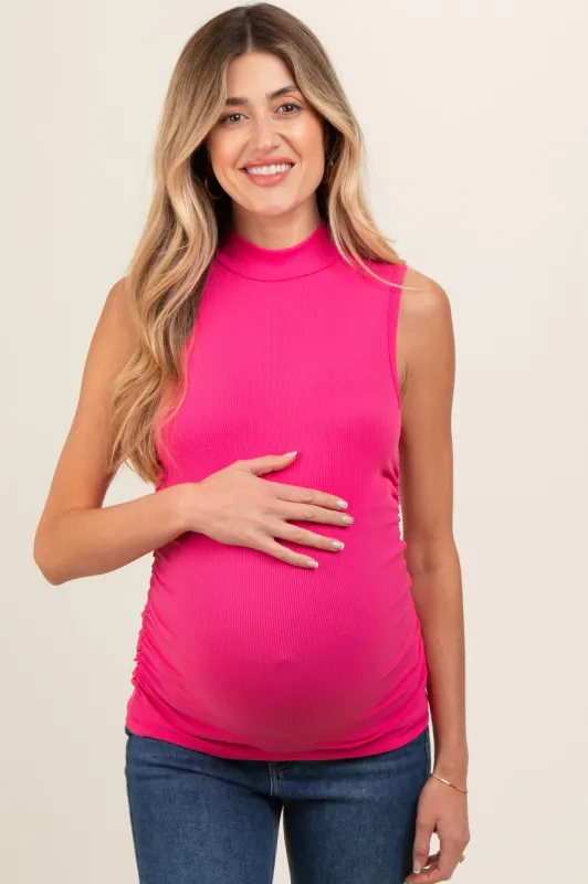 Fuchsia Ribbed Mock Neck Ruched Side Sleeveless Maternity Top sold by Pinkblush