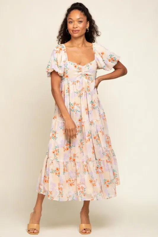 Cream Floral Puff Sleeve Tiered Maternity Dress sold by Pinkblush