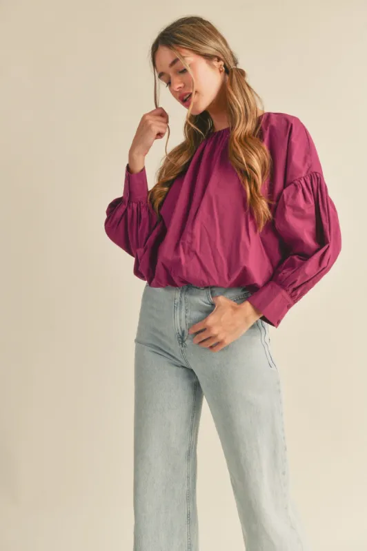 Magenta Balloon Sleeve Cropped Bubble Hem Top sold by Pinkblush