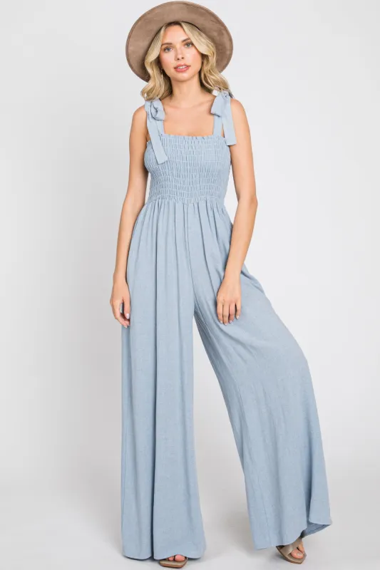 Light Blue Sleeveless Smocked Wide Leg Jumpsuit sold by Pinkblush
