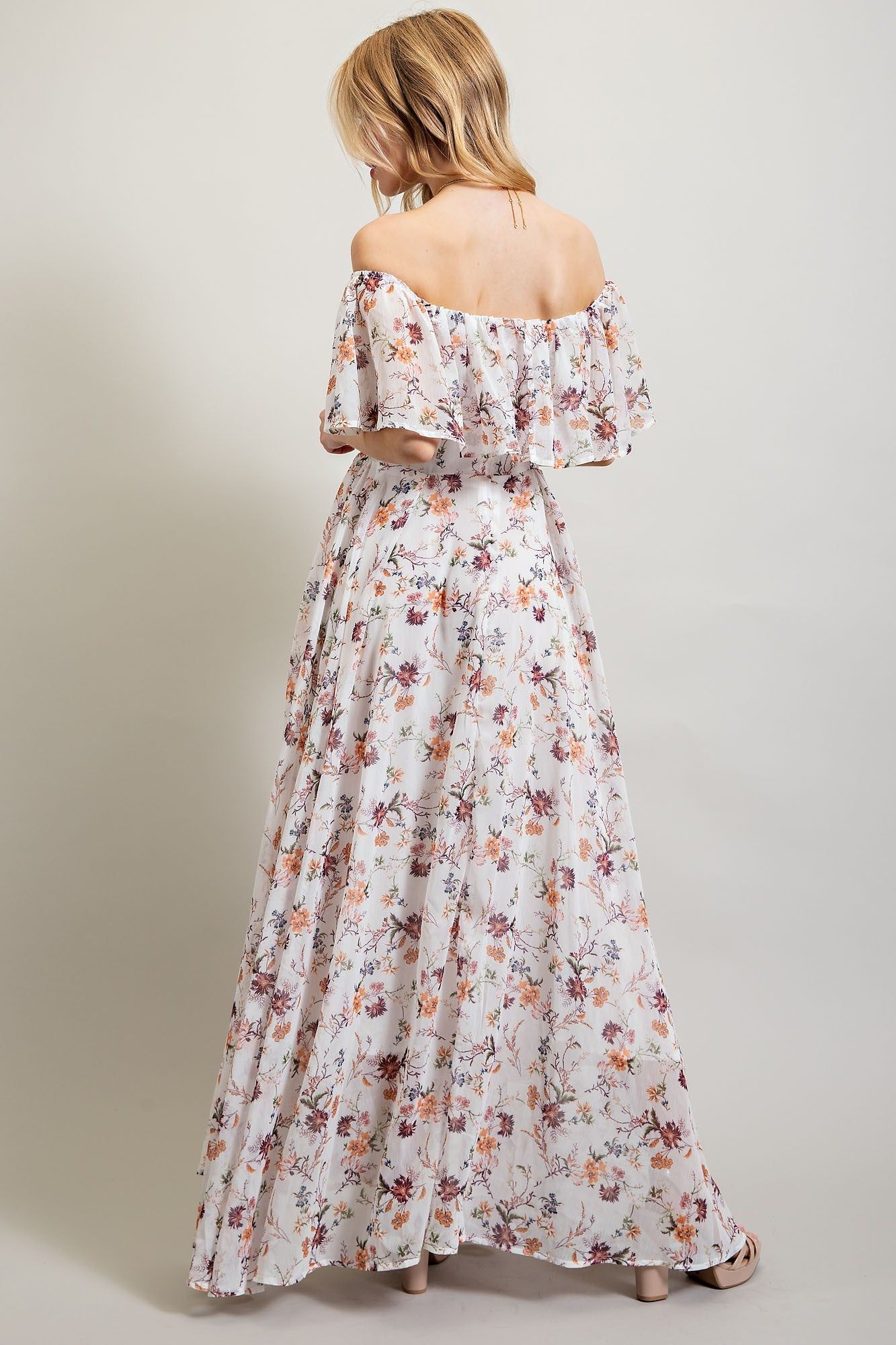 White Multi Off Shoulder Chiffone Print Maxi Dress sold by Pinkblush product image thumbnail 4
