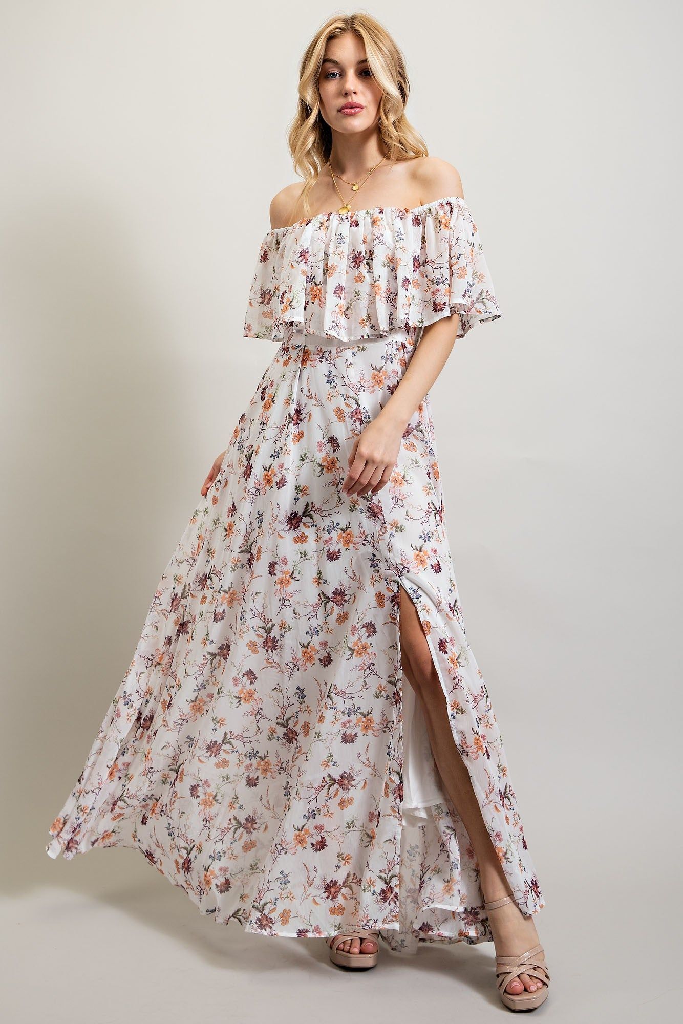 White Multi Off Shoulder Chiffone Print Maxi Dress sold by Pinkblush