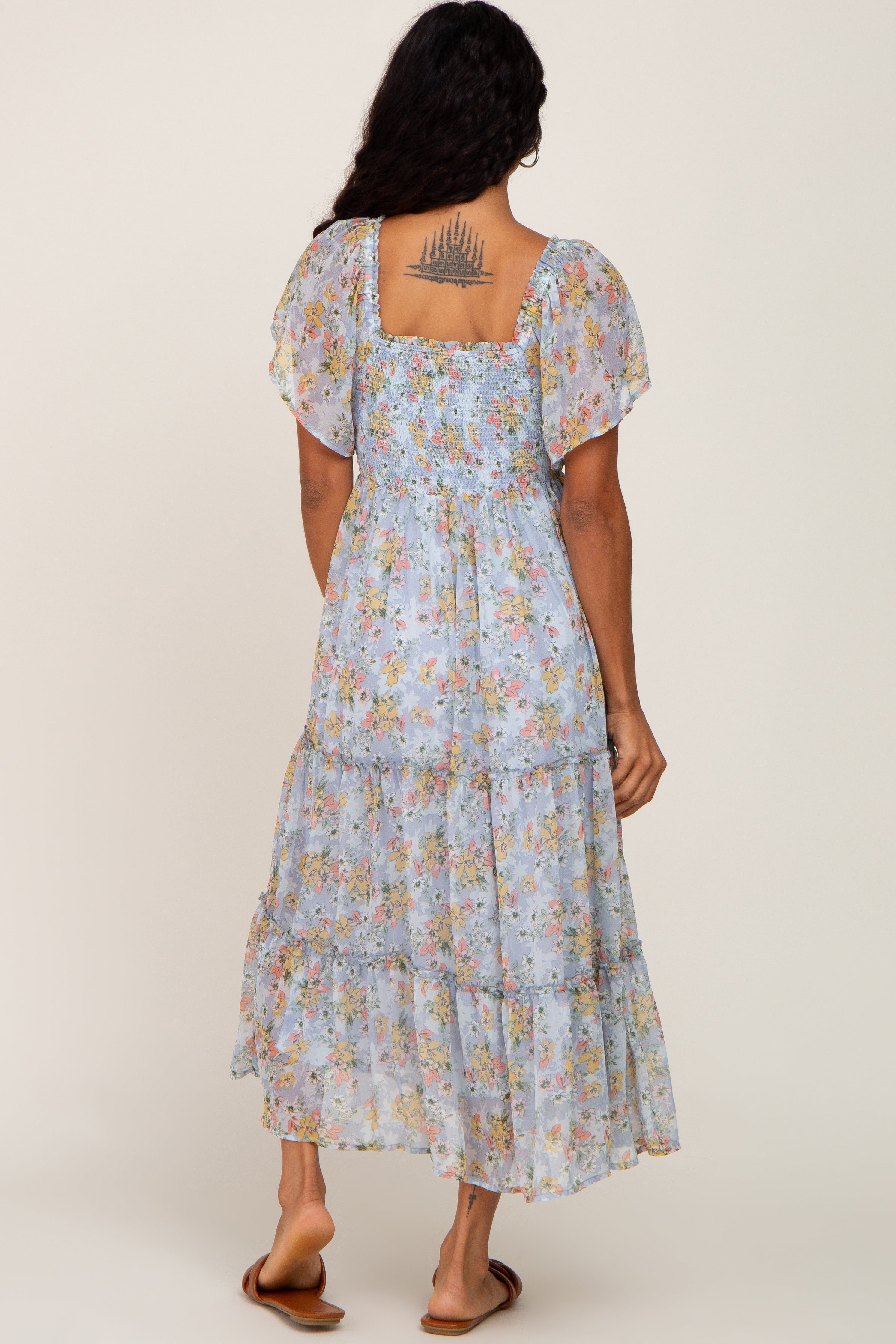 Light Blue Floral Chiffon Tiered Midi Dress sold by Pinkblush product image thumbnail 3