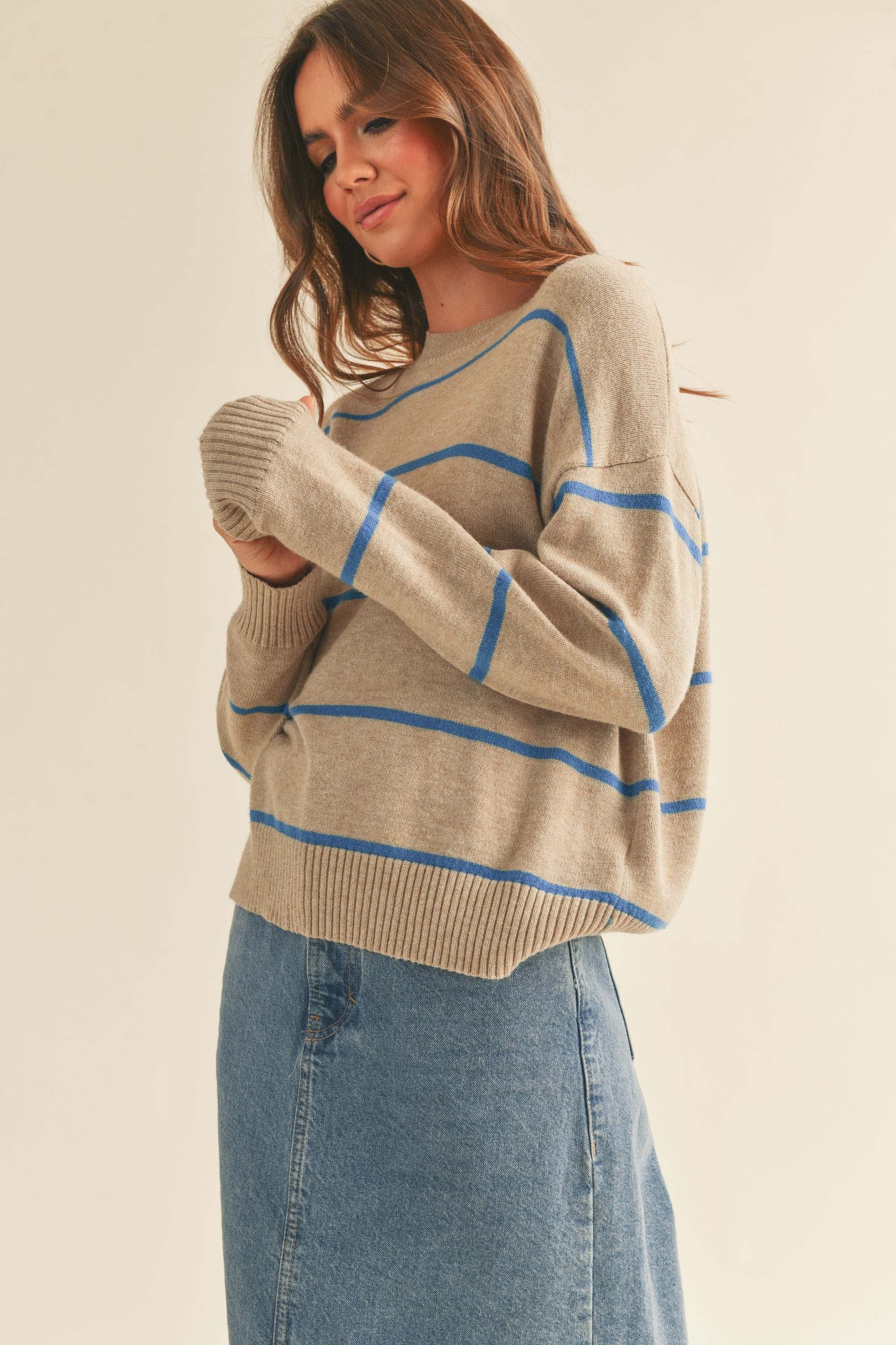 Taupe Striped Basic Sweater sold by Pinkblush