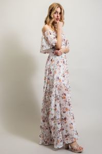White Multi Off Shoulder Chiffone Print Maxi Dress sold by Pinkblush
