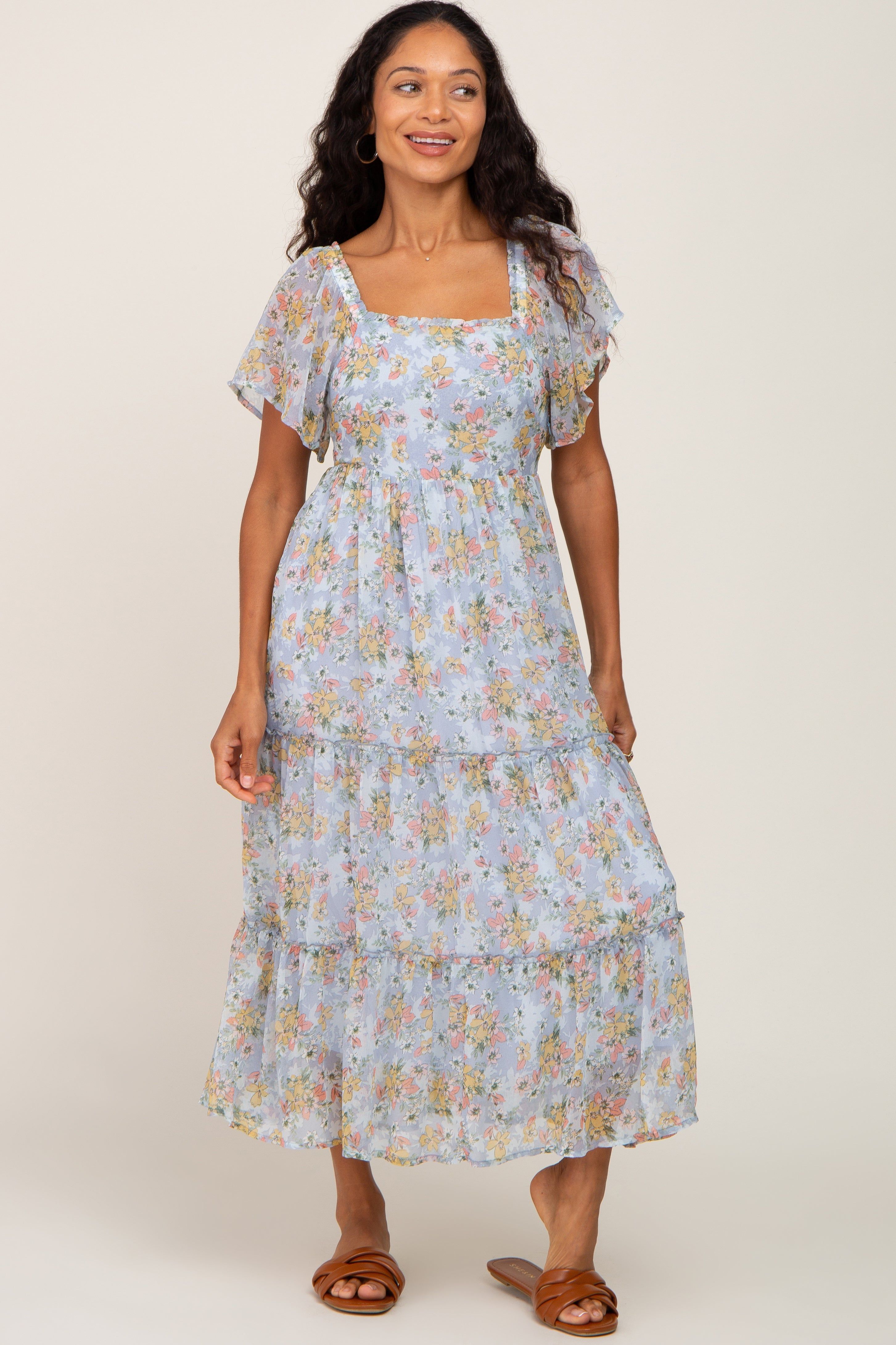 Light Blue Floral Chiffon Tiered Midi Dress sold by Pinkblush product image thumbnail 4