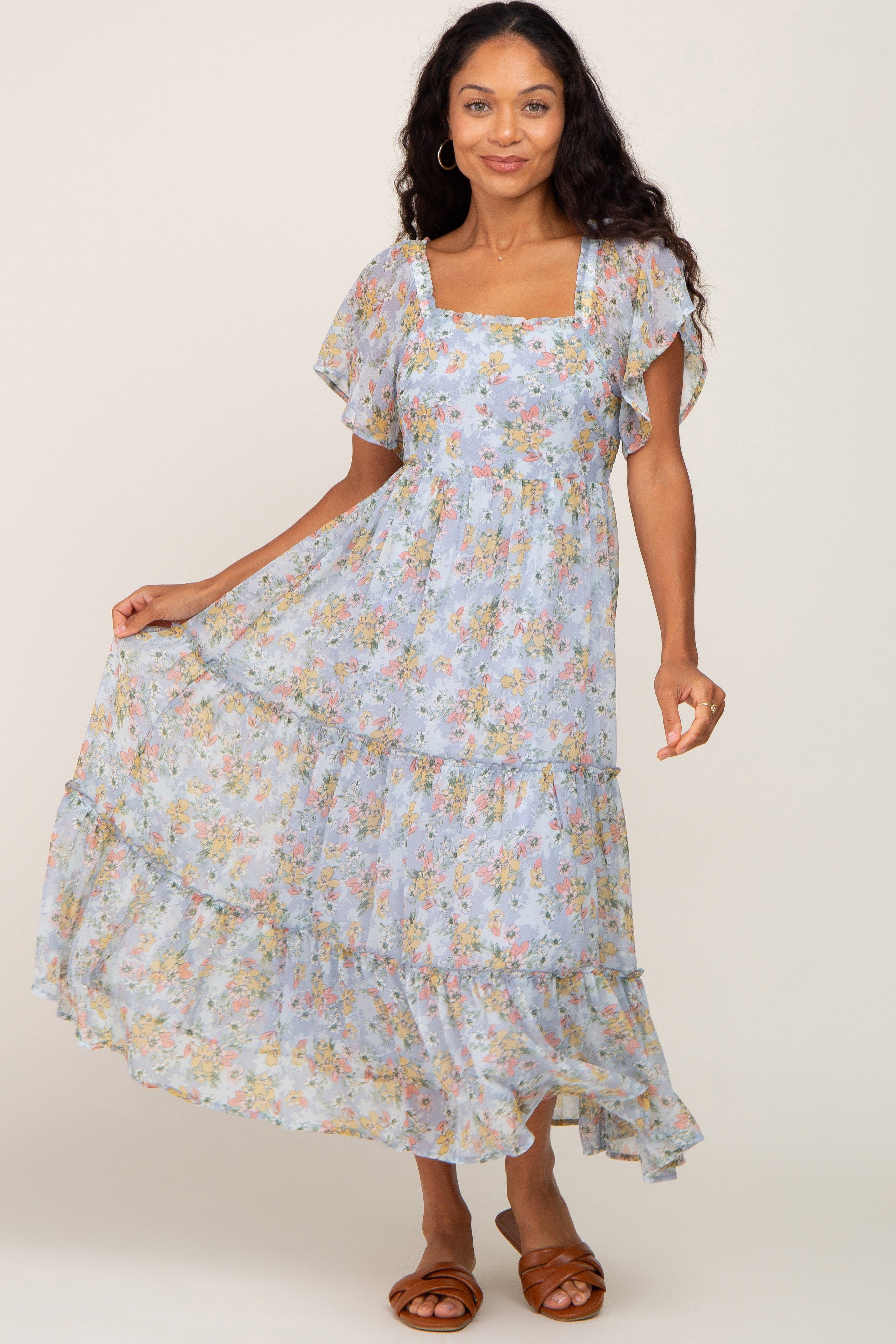 Light Blue Floral Chiffon Tiered Midi Dress sold by Pinkblush