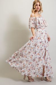 White Multi Off Shoulder Chiffone Print Maxi Dress sold by Pinkblush