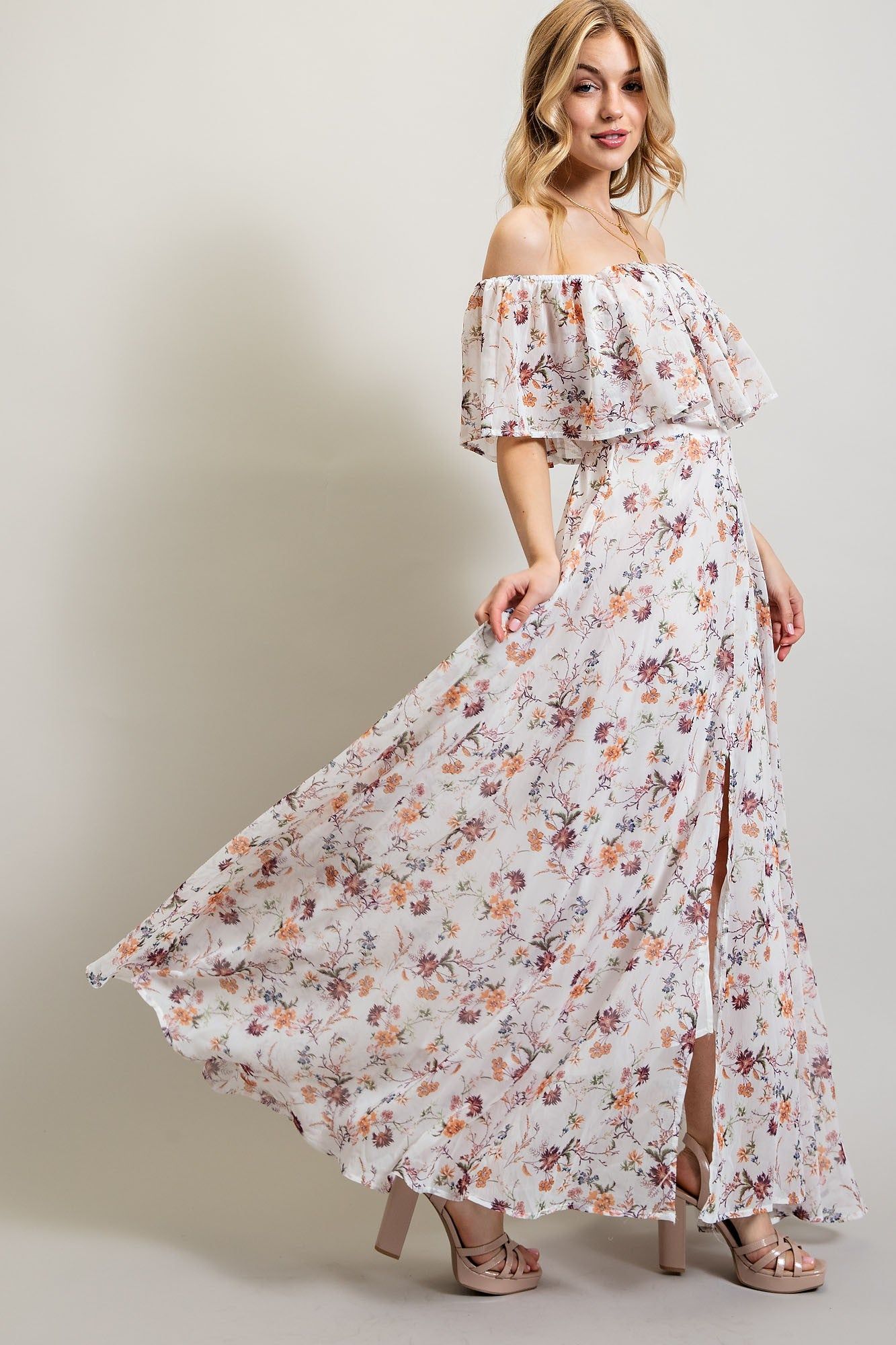 White Multi Off Shoulder Chiffone Print Maxi Dress sold by Pinkblush product image thumbnail 3