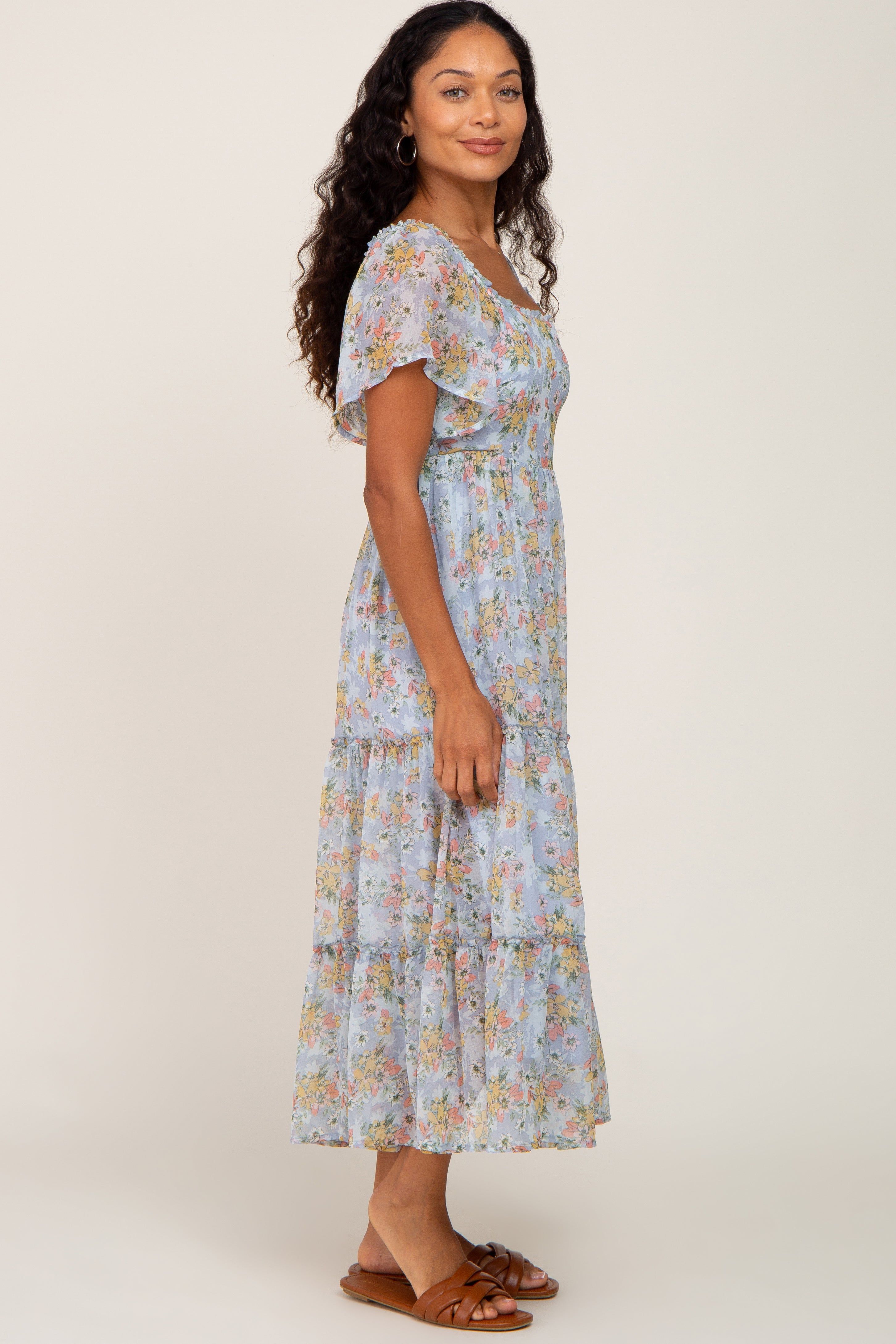 Light Blue Floral Chiffon Tiered Midi Dress sold by Pinkblush product image thumbnail 2