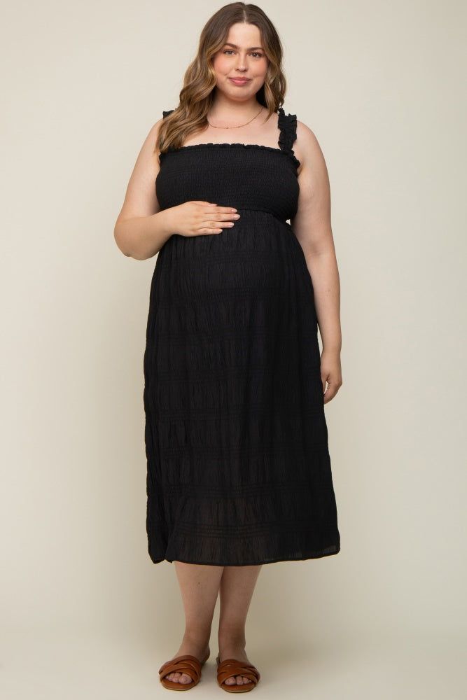 Black Smocked Square Neck Maternity Plus Midi Dress sold by Pinkblush product image thumbnail 4