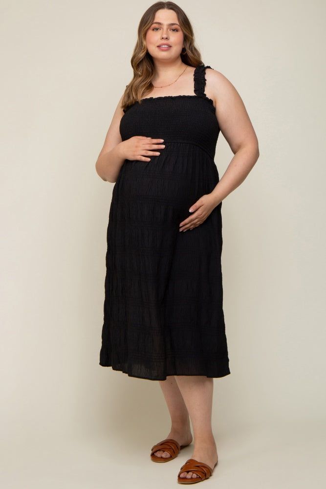 Black Smocked Square Neck Maternity Plus Midi Dress sold by Pinkblush
