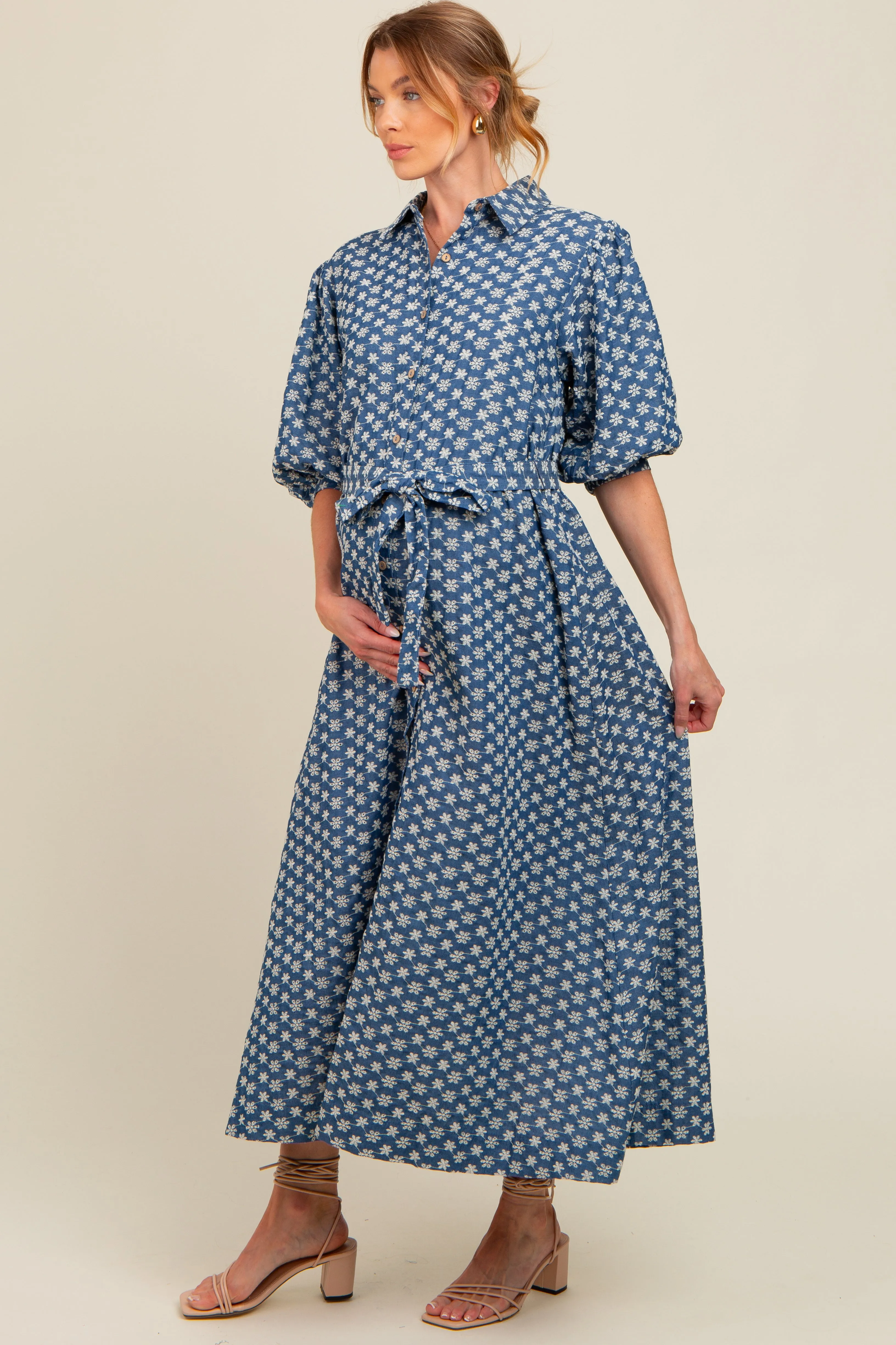 Navy Floral Embroidered Button Down Chambray Maternity Maxi Dress sold by Pinkblush product image thumbnail 2