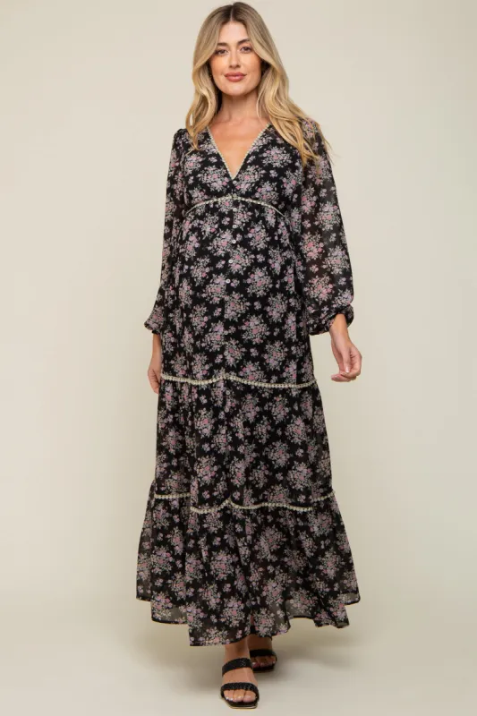 Black Floral Button Front Maternity Maxi Dress sold by Pinkblush
