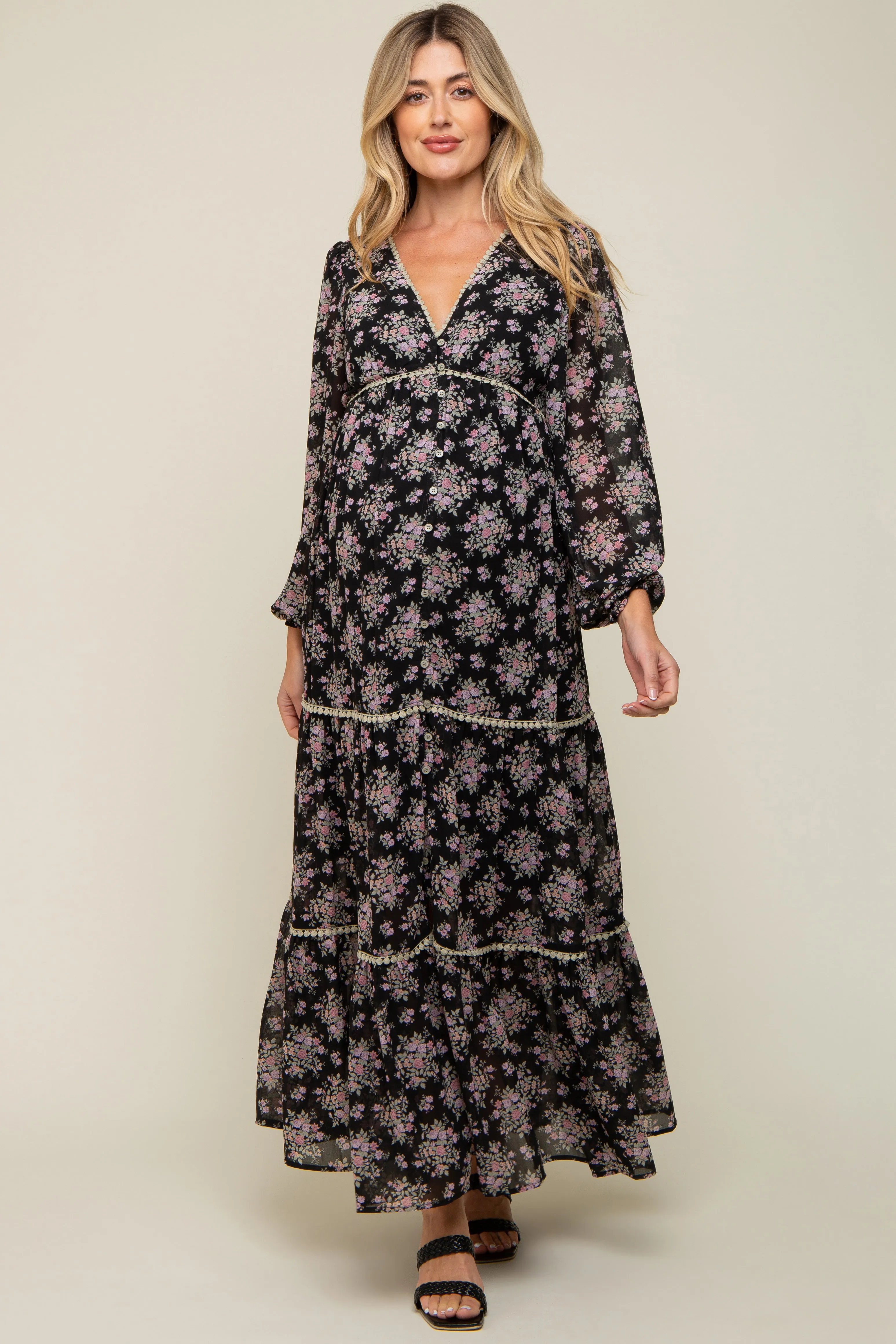 Black Floral Button Front Maternity Maxi Dress sold by Pinkblush