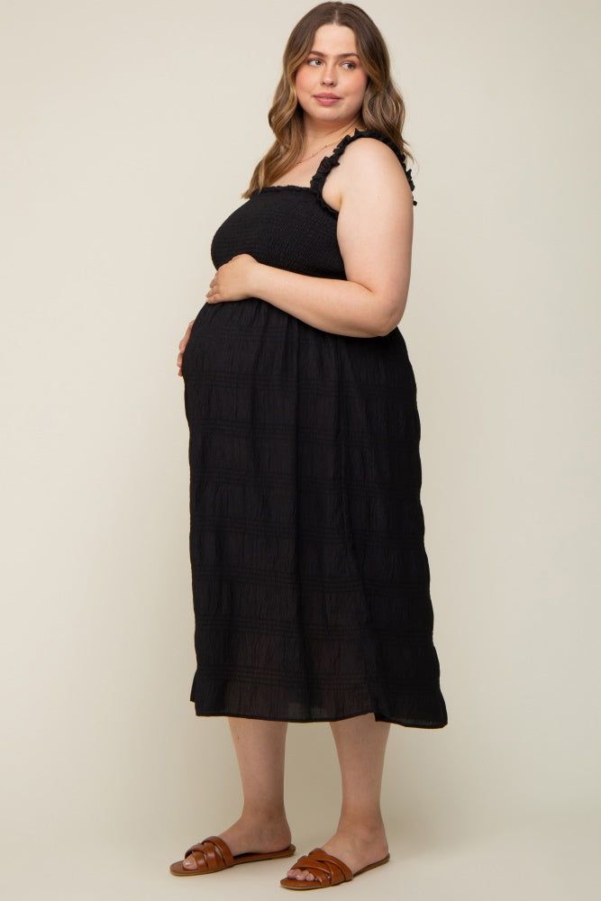 Black Smocked Square Neck Maternity Plus Midi Dress sold by Pinkblush product image thumbnail 2