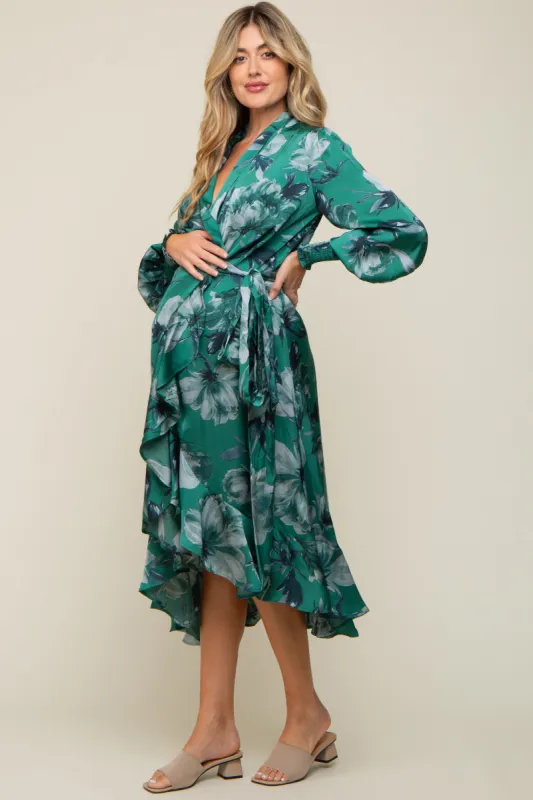 Green Satin Asymmetrical Flounce Trim Maternity Midi Dress sold by Pinkblush