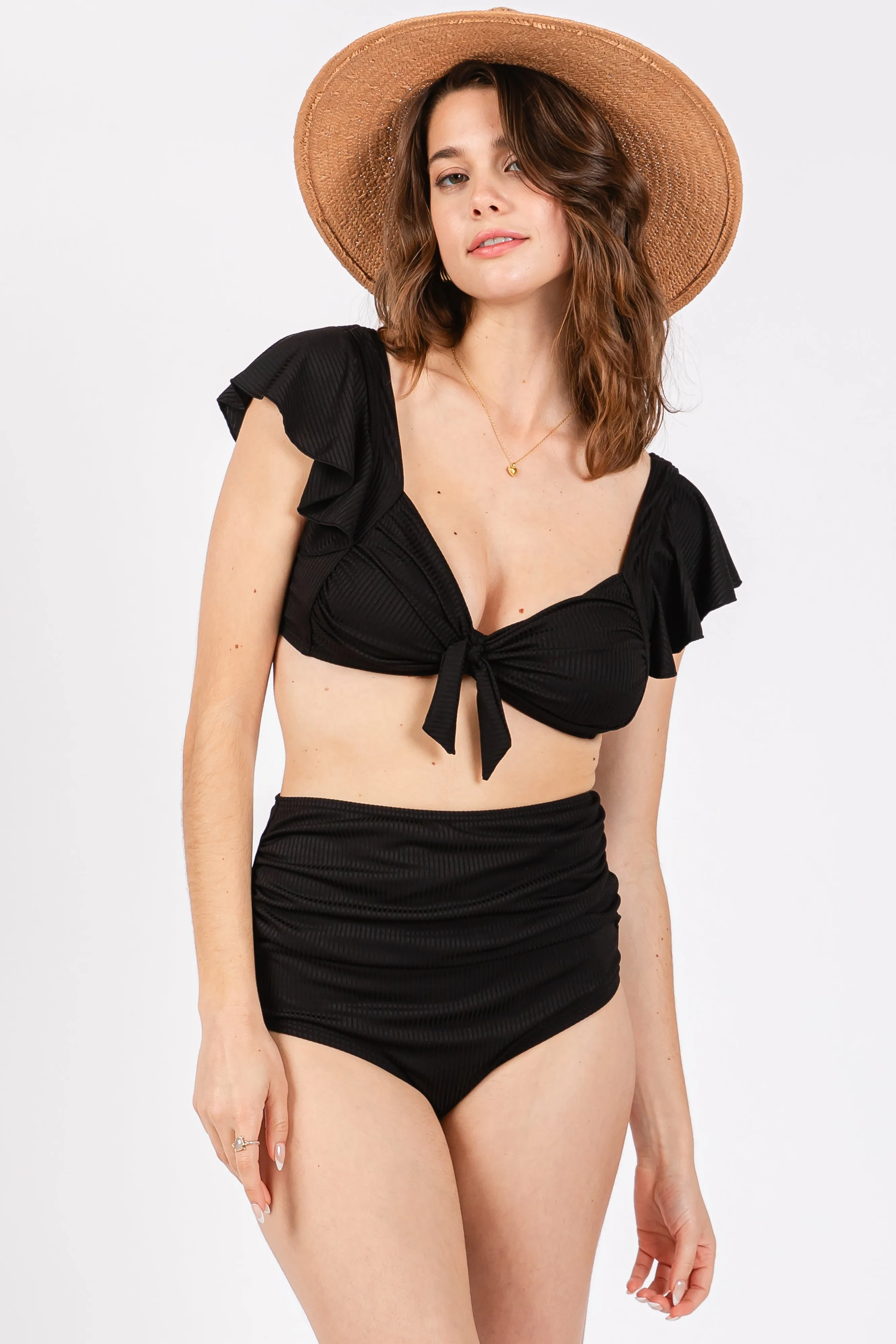 Black Ribbed Ruffle Shoulder Front Tie High Waist Two-Piece Swimsuit sold by Pinkblush