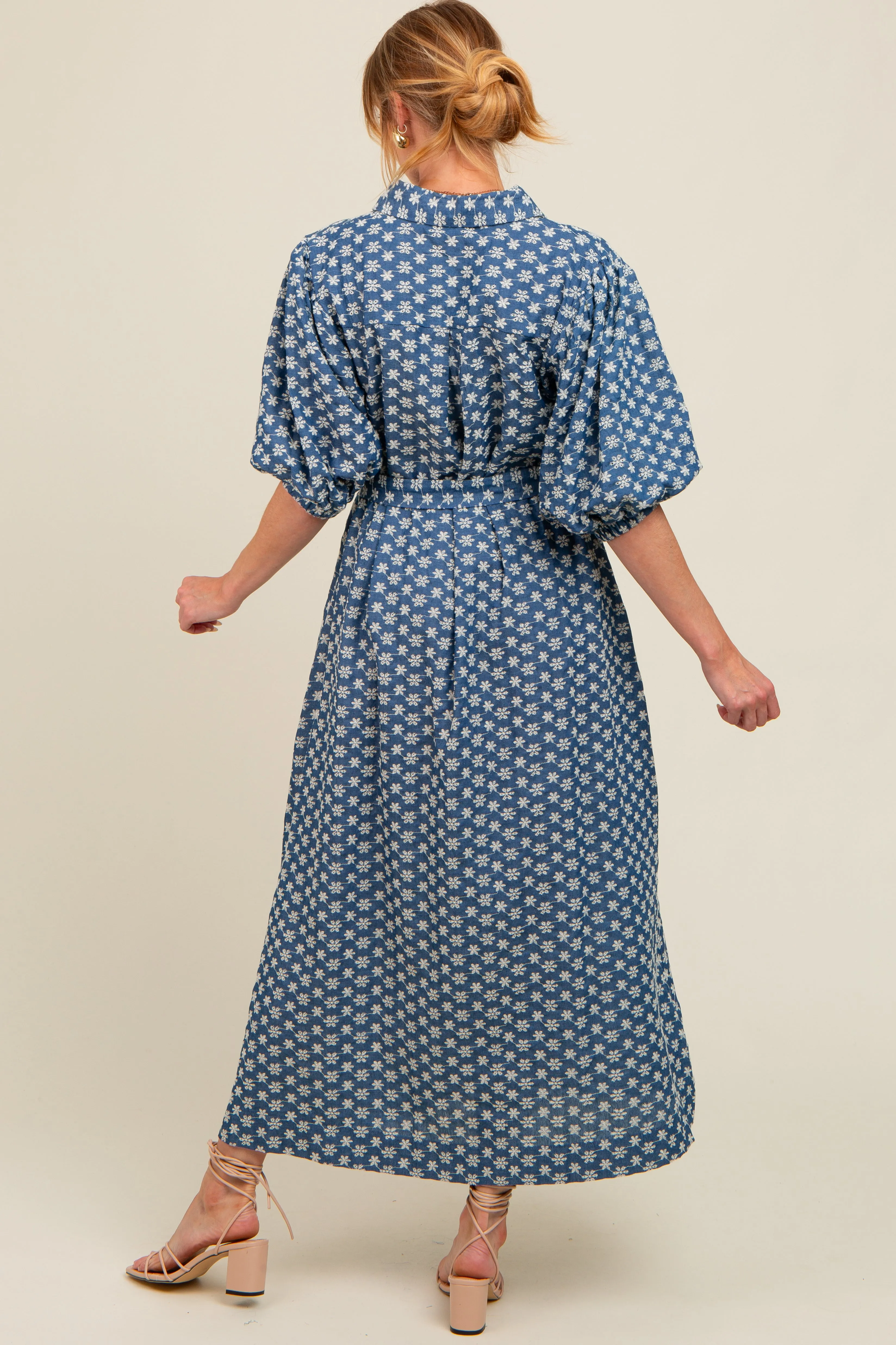 Navy Floral Embroidered Button Down Chambray Maternity Maxi Dress sold by Pinkblush product image thumbnail 3