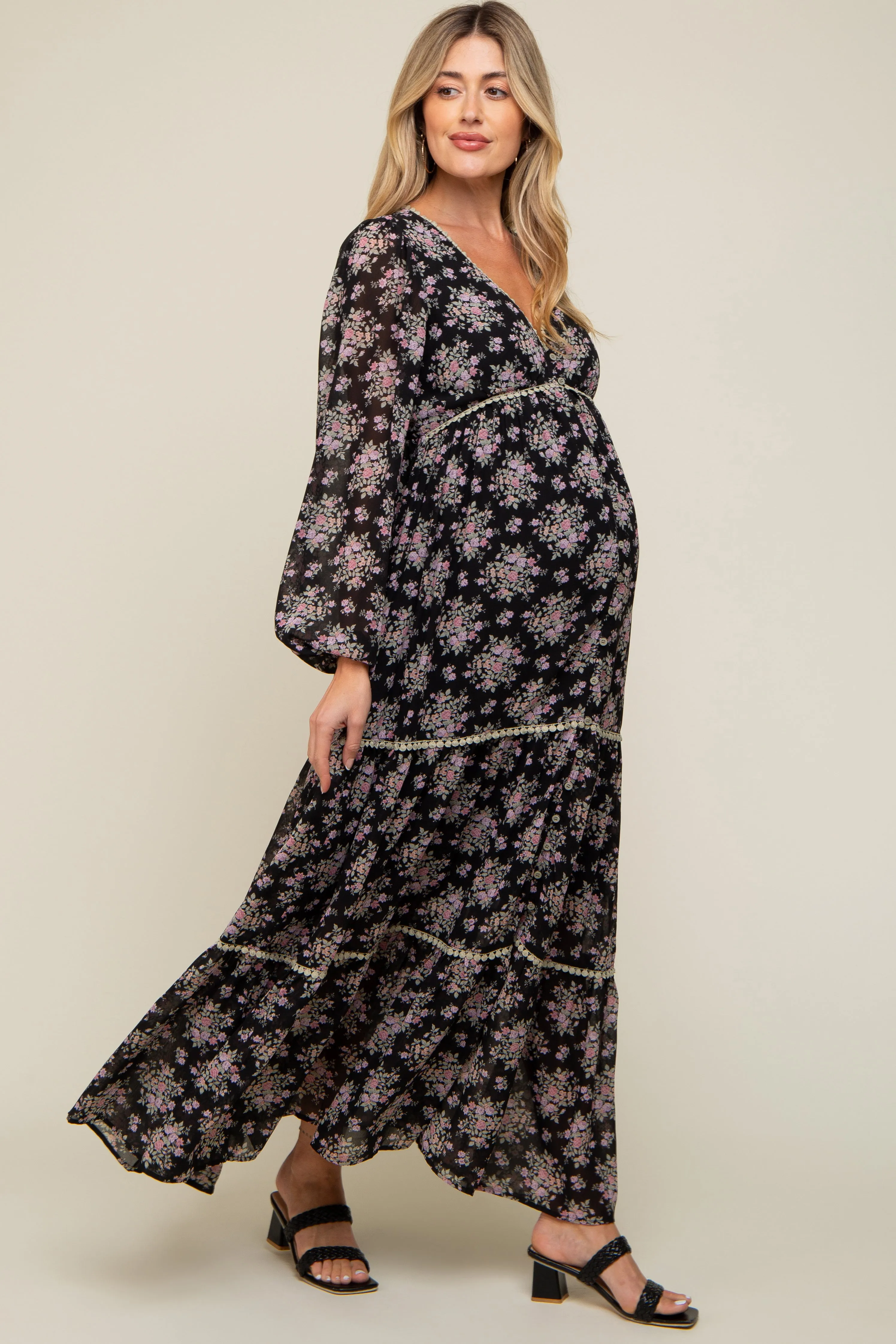 Black Floral Button Front Maternity Maxi Dress sold by Pinkblush product image thumbnail 2