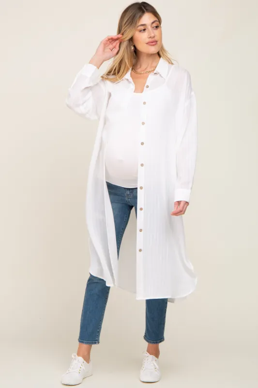 White Striped Lightweight Button Down Maternity Top sold by Pinkblush