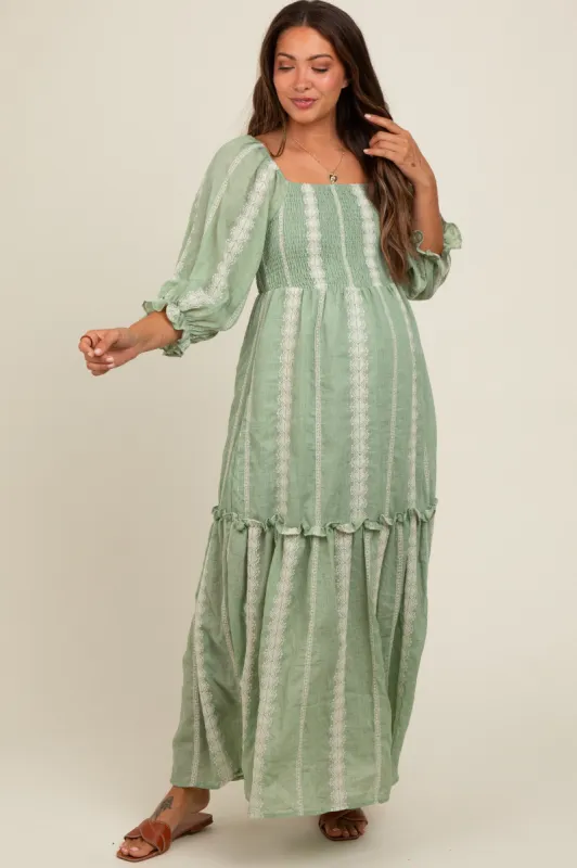 Light Olive Embroidered Detail Smocked Top Maternity Maxi Dress sold by Pinkblush