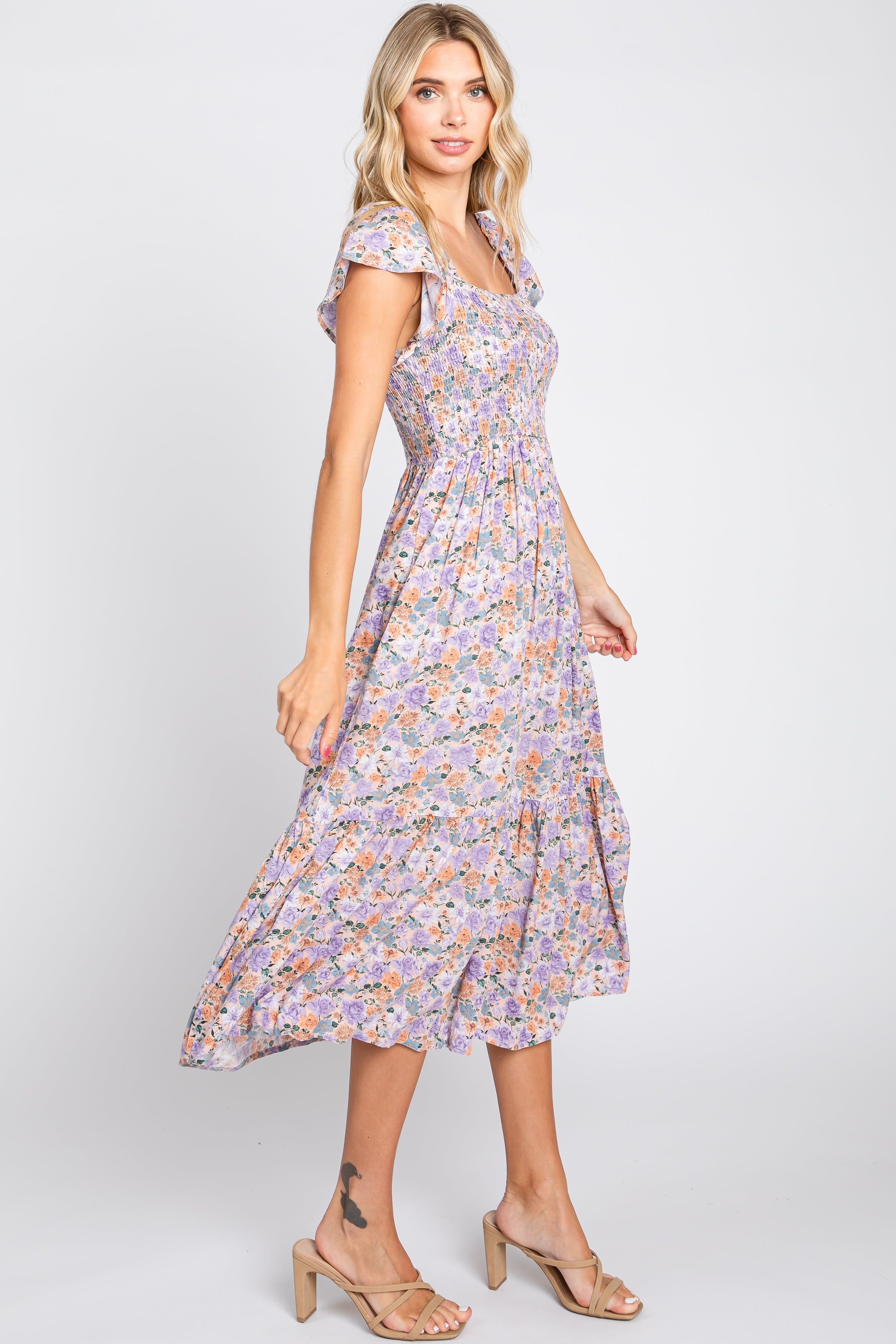 Light Pink Floral Off Shoulder Smocked Midi Dress sold by Pinkblush product image thumbnail 2