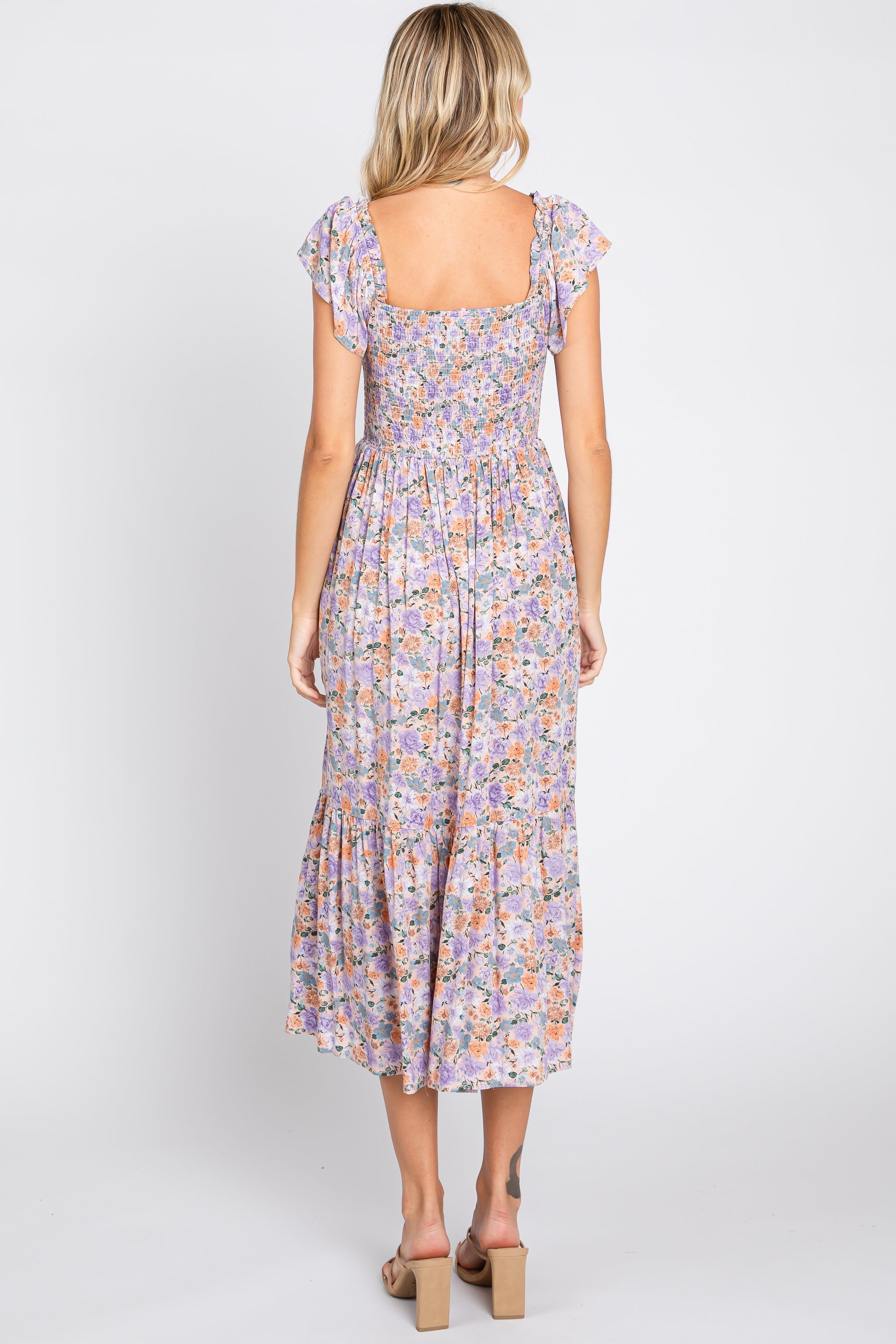 Light Pink Floral Off Shoulder Smocked Midi Dress sold by Pinkblush product image thumbnail 3