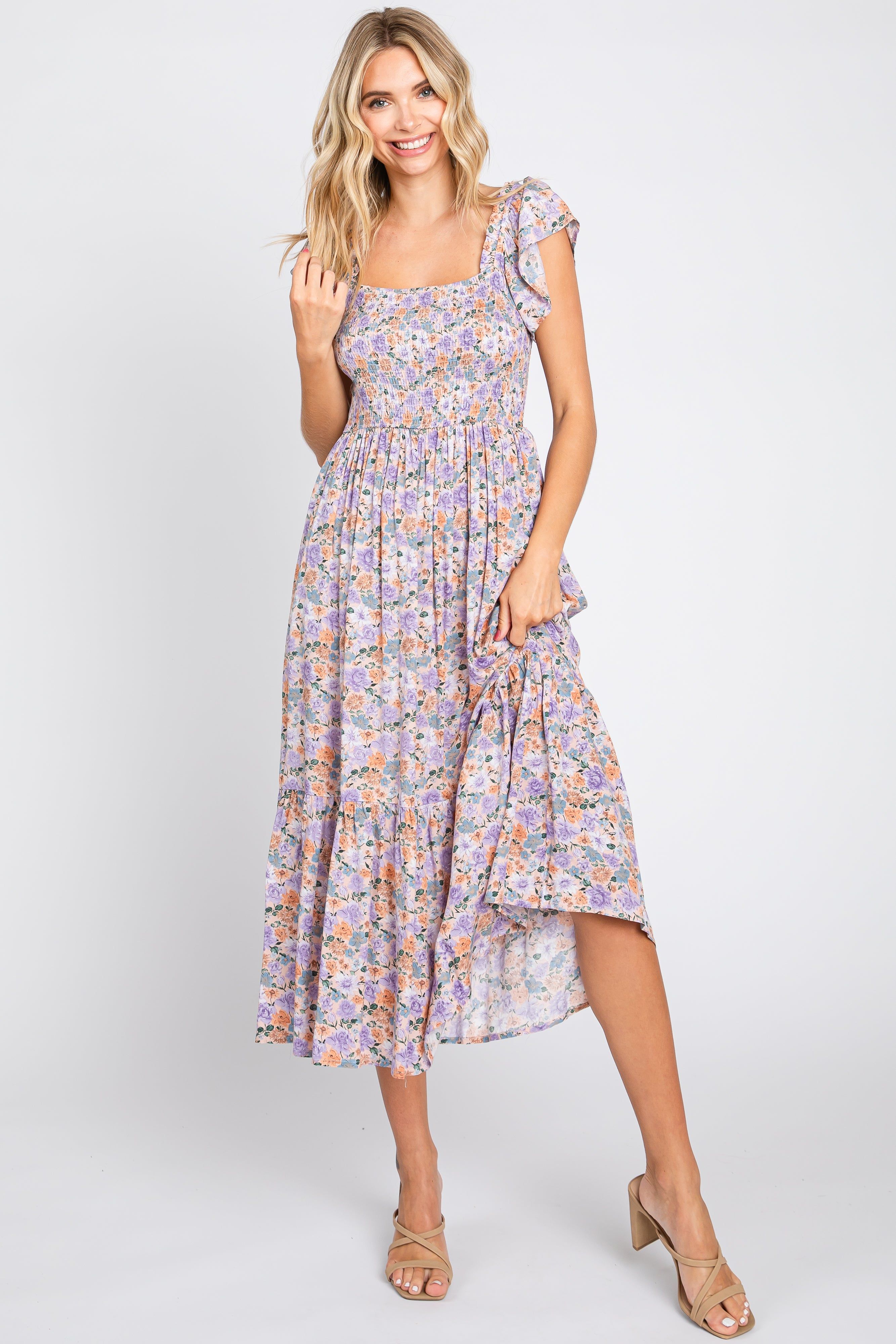 Light Pink Floral Off Shoulder Smocked Midi Dress sold by Pinkblush