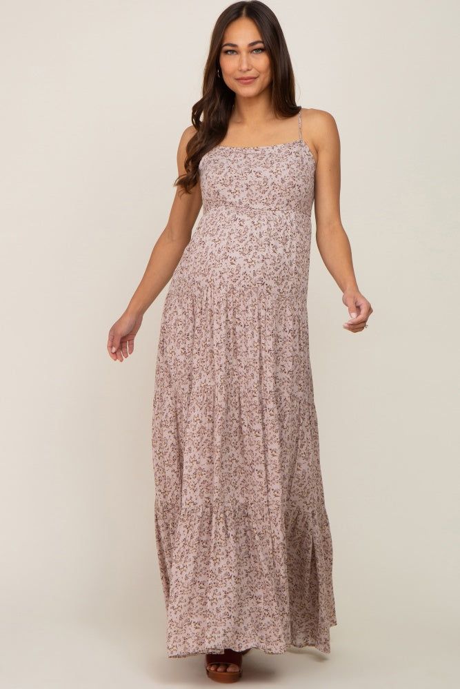 Taupe Floral Tiered Maternity Maxi Dress sold by Pinkblush product image thumbnail 2
