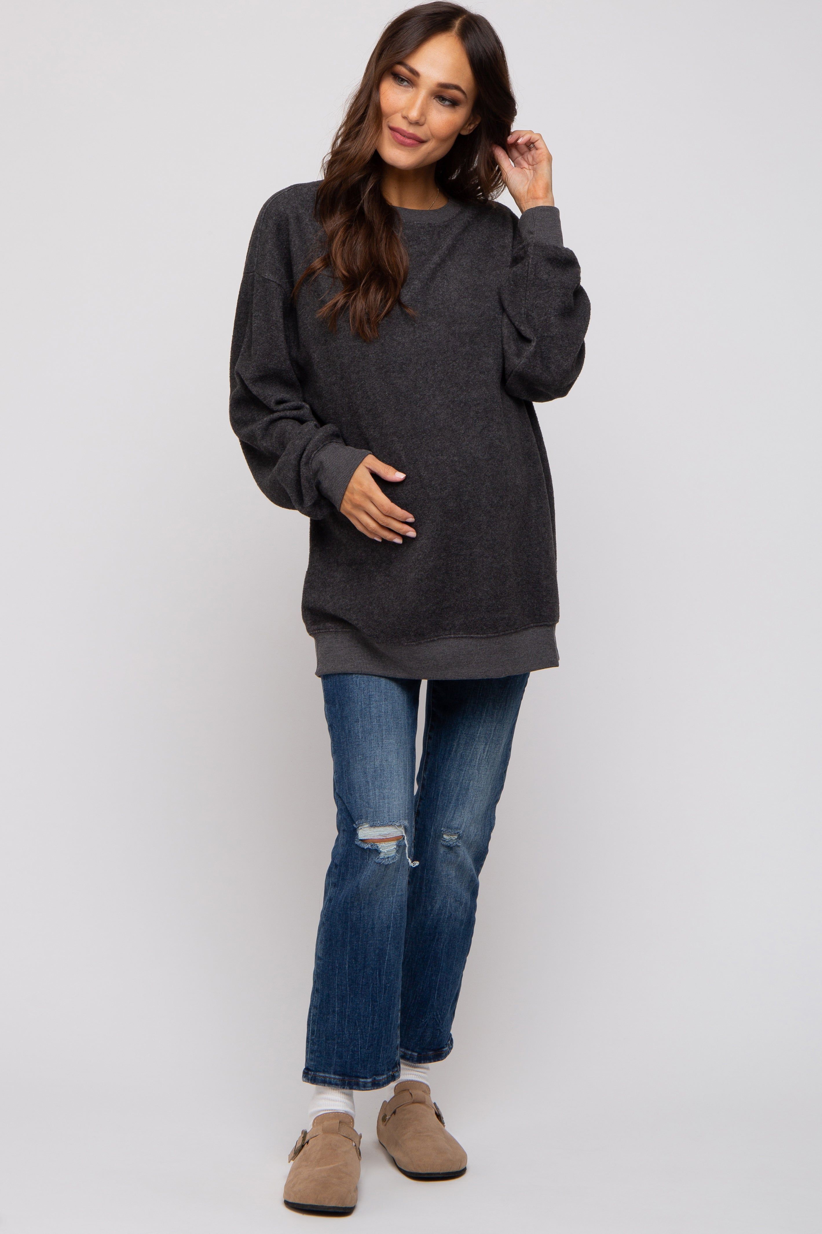 Charcoal Oversized Brushed Knit Long Sleeve Maternity Top sold by Pinkblush product image thumbnail 4