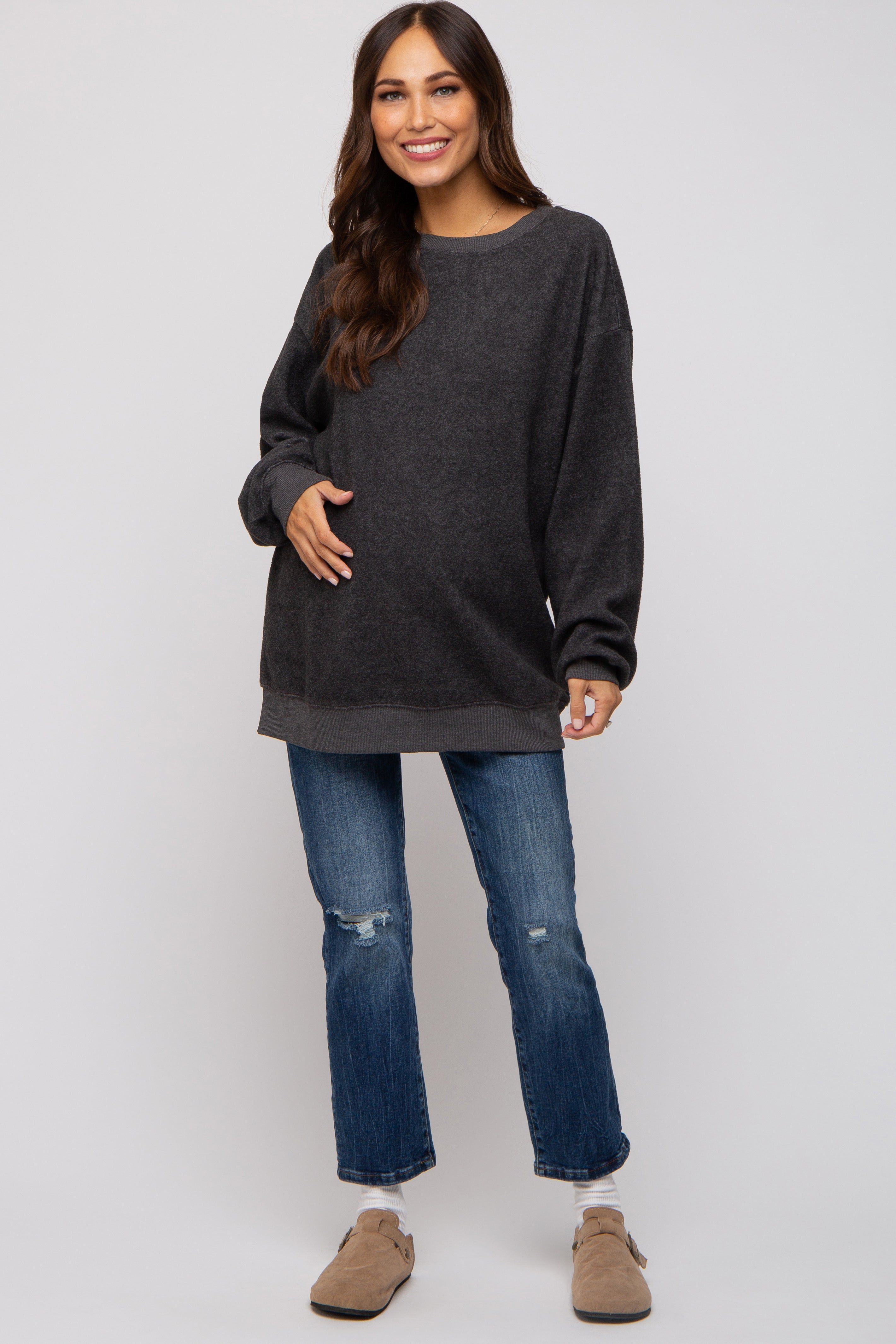 Charcoal Oversized Brushed Knit Long Sleeve Maternity Top sold by Pinkblush