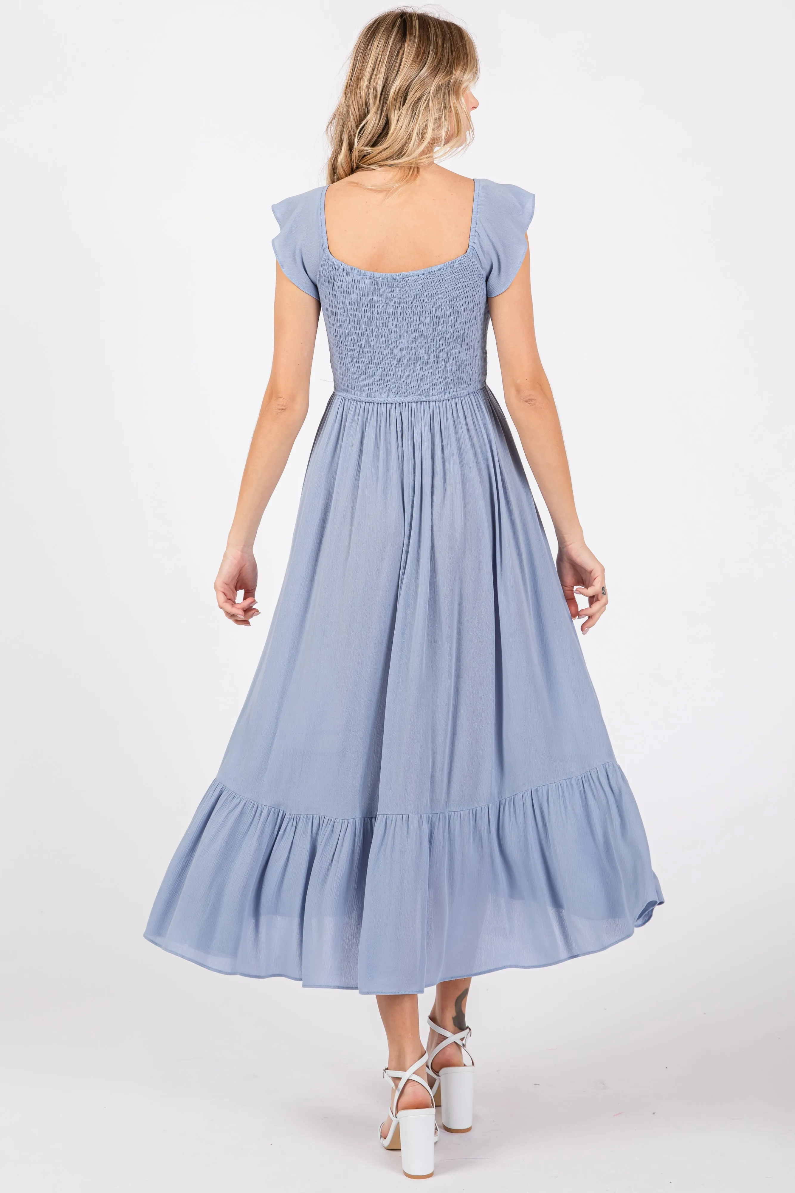 Light Blue Smocked Ruched Ruffle Hem Maxi Dress sold by Pinkblush product image thumbnail 3