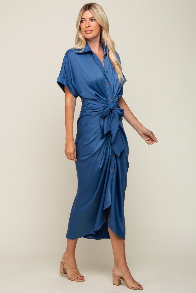 Navy Satin Button Down Gathered Midi Dress sold by Pinkblush product image thumbnail 2