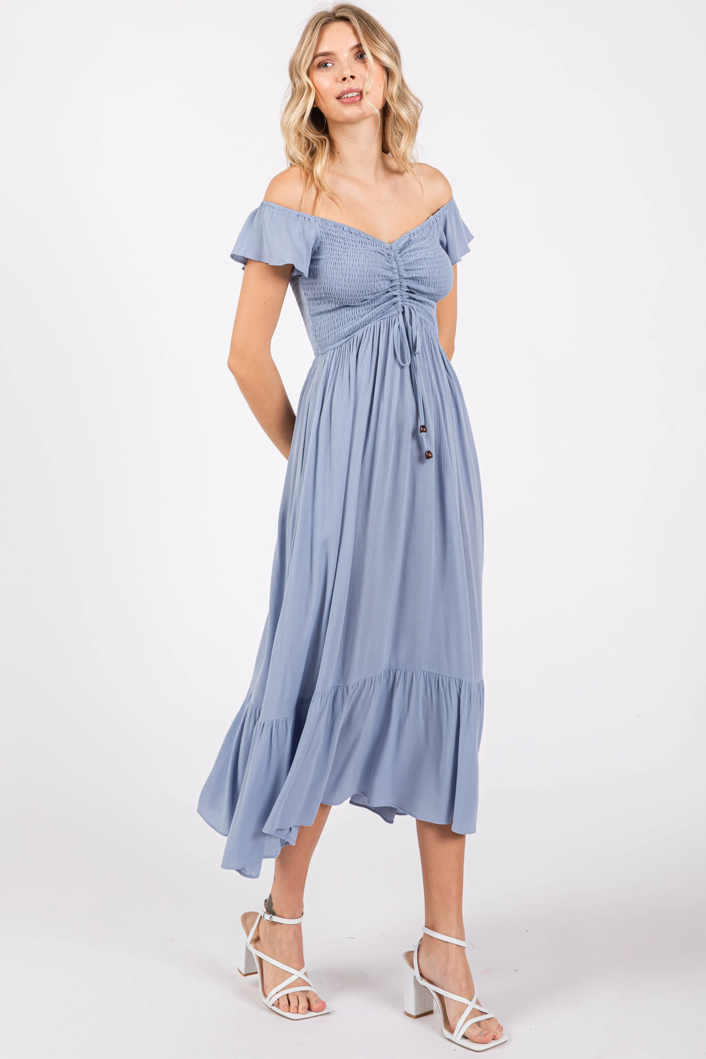 Light Blue Smocked Ruched Ruffle Hem Maxi Dress sold by Pinkblush product image thumbnail 4