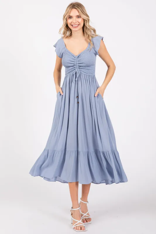 Light Blue Smocked Ruched Ruffle Hem Maxi Dress sold by Pinkblush